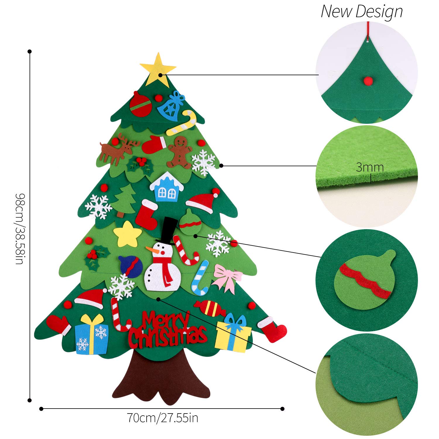 3.2ft DIY Wall Mount Christmas Tree with 32 Ornaments & 50 LED Lights - Holiday Home Decor for Living Room, Bedroom, Office & Party Decoration