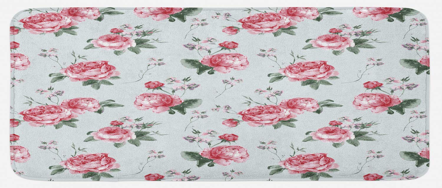 Ambesonne Non-Slip Kitchen Mat - Watercolor English Rose & Wildflower Design, Plush Shabby Chic Decor, 47