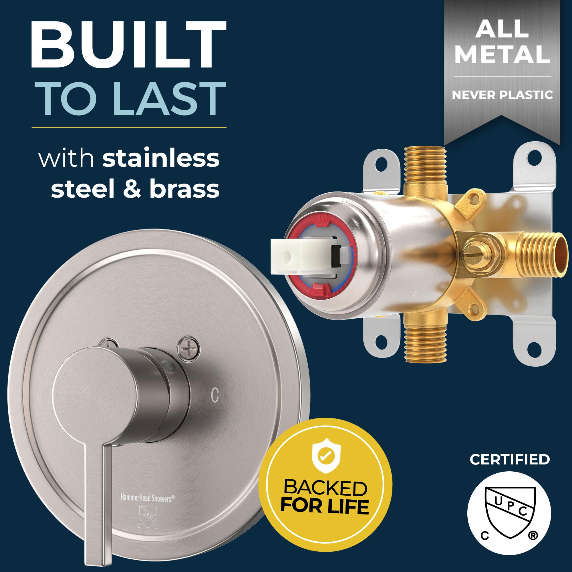 HammerHead Showers® ALL METAL Single-Handle Shower Valve & Trim Kit in Brushed Nickel - Pressure Balance Valve with Temperature & Volume Control - Complete Rough-In Shower System for Bathroom Remodel & New Construction - Perfect for Modern Home Upgrades & Spa-Like Shower Experience