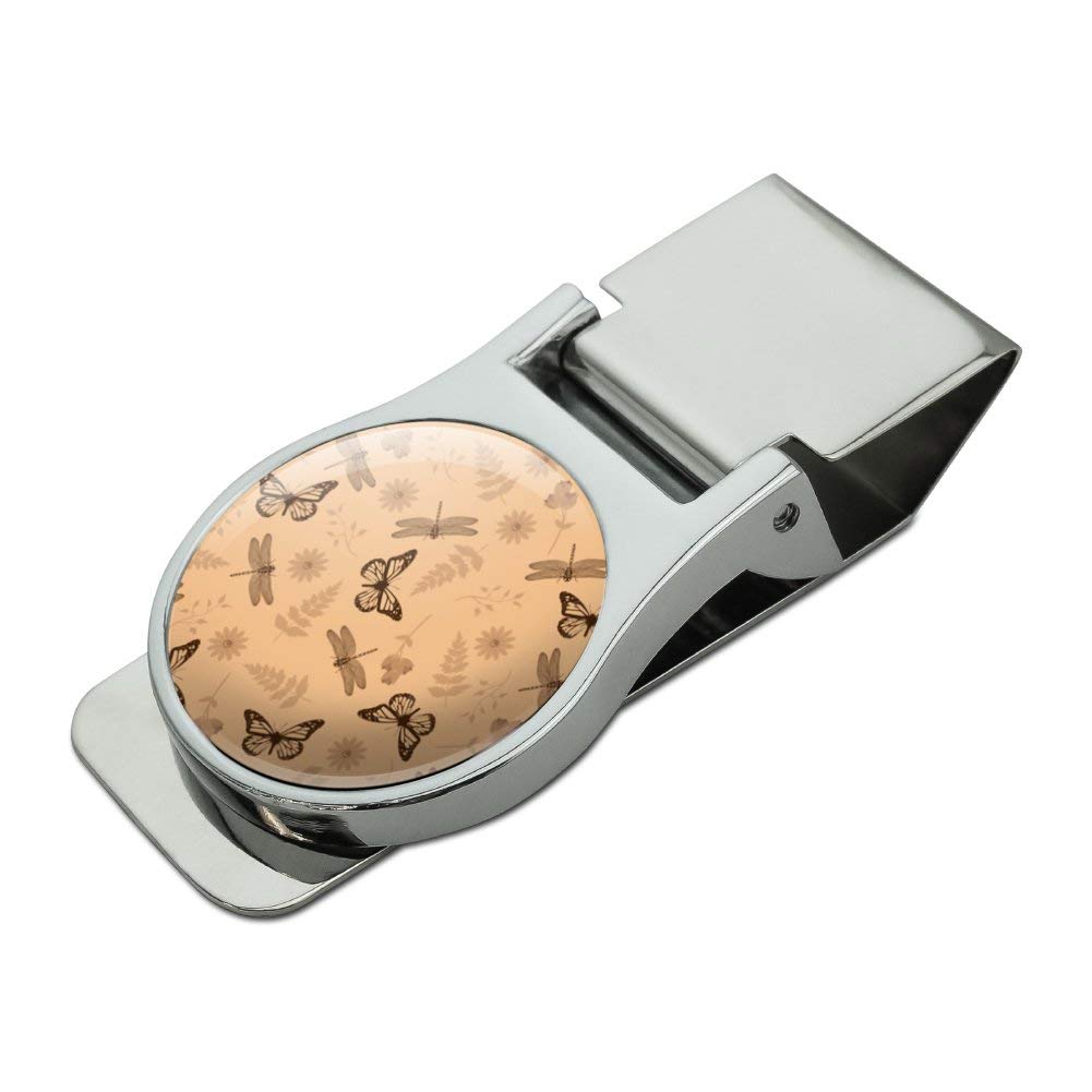 Butterfly & Dragonfly Floral Insect Design Satin Chrome Plated Metal Money Clip - Perfect for Cash, Credit Cards & Gift Cards | Wedding, Graduation & Business Gifts