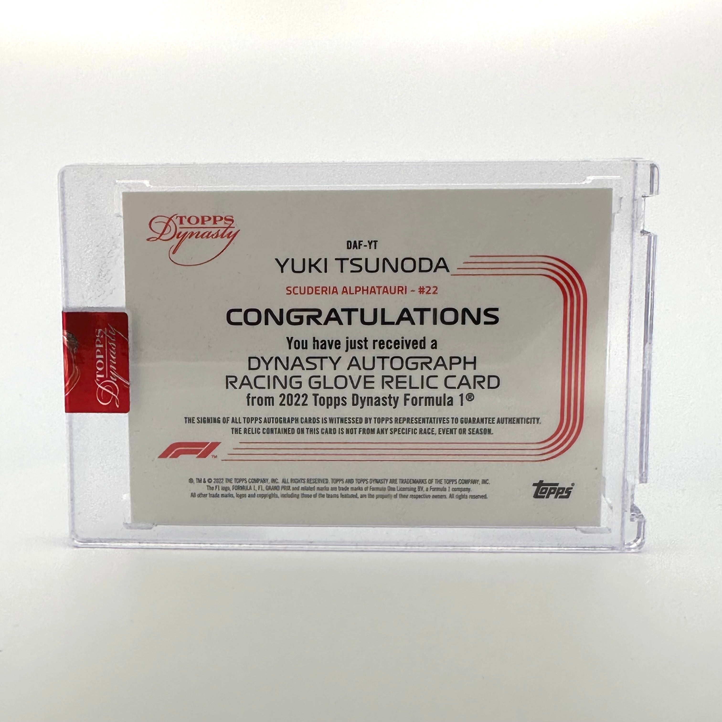 2022 Topps Dynasty F1 Yuki Tsunoda #DAF YT Auto Racing Glove Relic Card - Collectible Memorabilia for Formula 1 Fans & Sports Card Enthusiasts - Perfect for Display, Trading, and Gifting