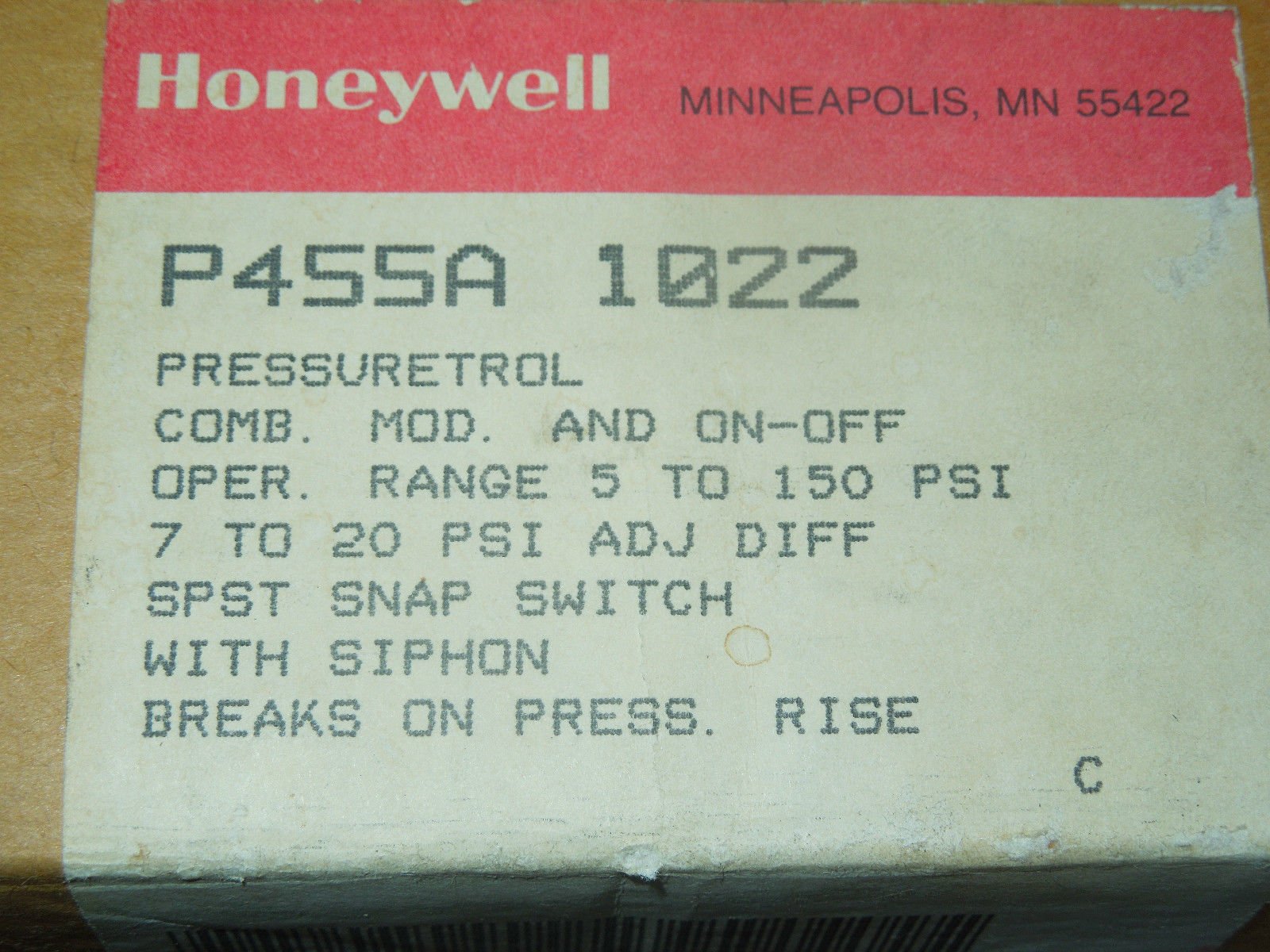 Honeywell P455A 1022 SPST Pressure Switch - Industrial HVAC & Boiler Control for Safety & Efficiency