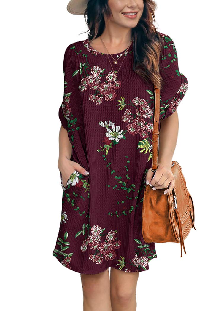 IWOLLENCE Women's Waffle Knit Tunic Dress - Casual Short Sleeve Loose Fit Summer Dress with Pockets | Beach Cover Up, Vacation Outfit, Lounge Wear