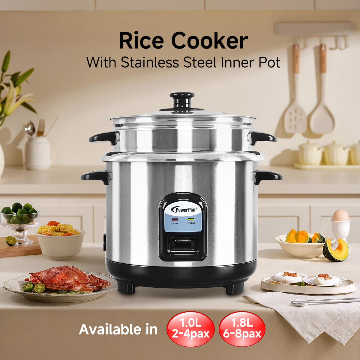 1.0L Stainless Steel Rice Cooker with Steamer - PPRC31 | Compact Electric Rice Maker for Perfectly Cooked Rice & Steamed Meals | Ideal for Dorms, Apartments & Small Kitchens