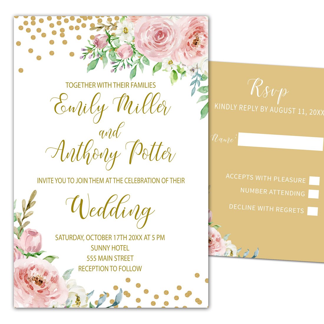 100 Elegant Blush Pink and Gold Floral Wedding Invitations Set with Envelopes & RSVP Cards - Perfect for Bridal Showers, Engagement Parties & Formal Weddings