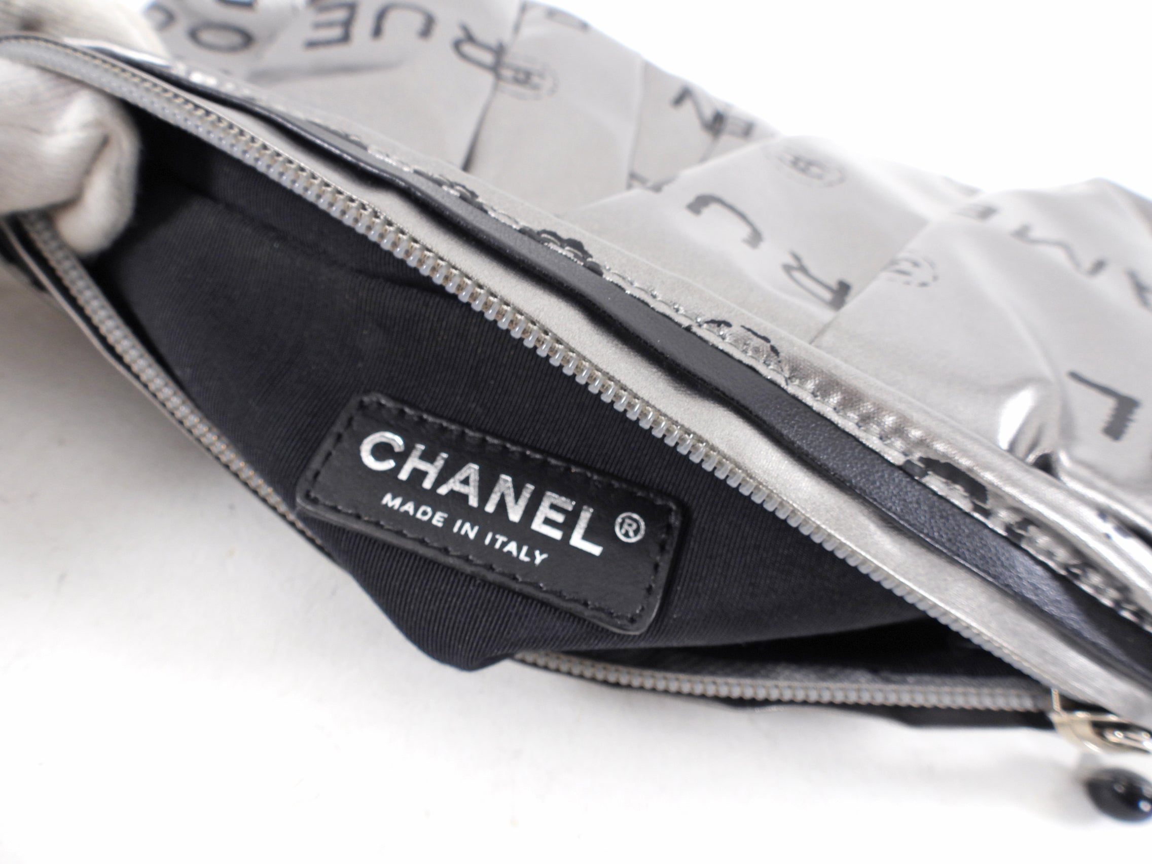 Chanel Pewter Metallic Logo Zip Pouch - Luxury Designer Cosmetic Bag for Women | Perfect for Makeup, Travel & Everyday Essentials