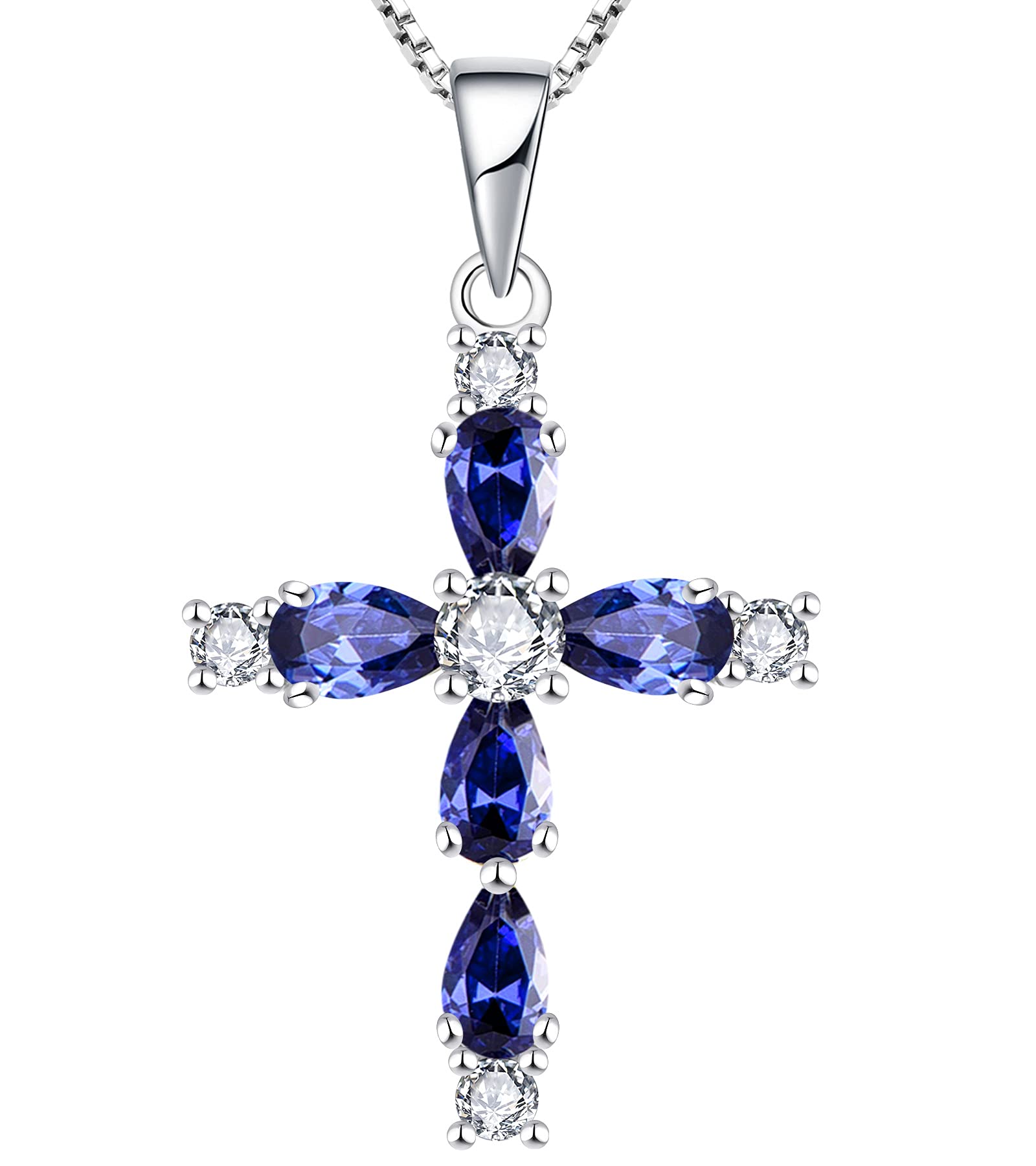 YL Cross Necklace 925 Sterling Silver Gemstone Pendant Birthstone Religious Jewelry for Women - Perfect Gift for Baptism, Confirmation & Everyday Faith Inspired Fashion