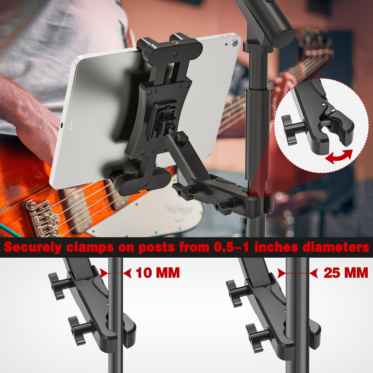 Universal Tablet Mount for Mic & Music Stands - Adjustable Phone & iPad Holder (iPad Pro/Air/Mini & All Smartphones 4.7-13.5 Inches) - Perfect for Musicians, Presenters & Online Teachers