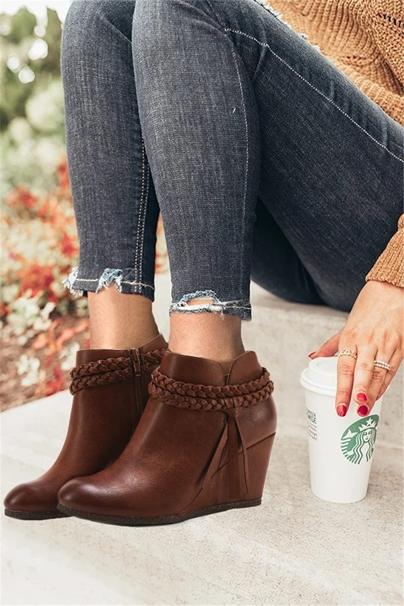Women's Western Style Wedge Ankle Boots with Braided Fringe Strap - Comfortable Heeled Fall Booties for Casual Outfits & Dressy Occasions | Perfect for Autumn Fashion, Country Concerts, and Date Nights