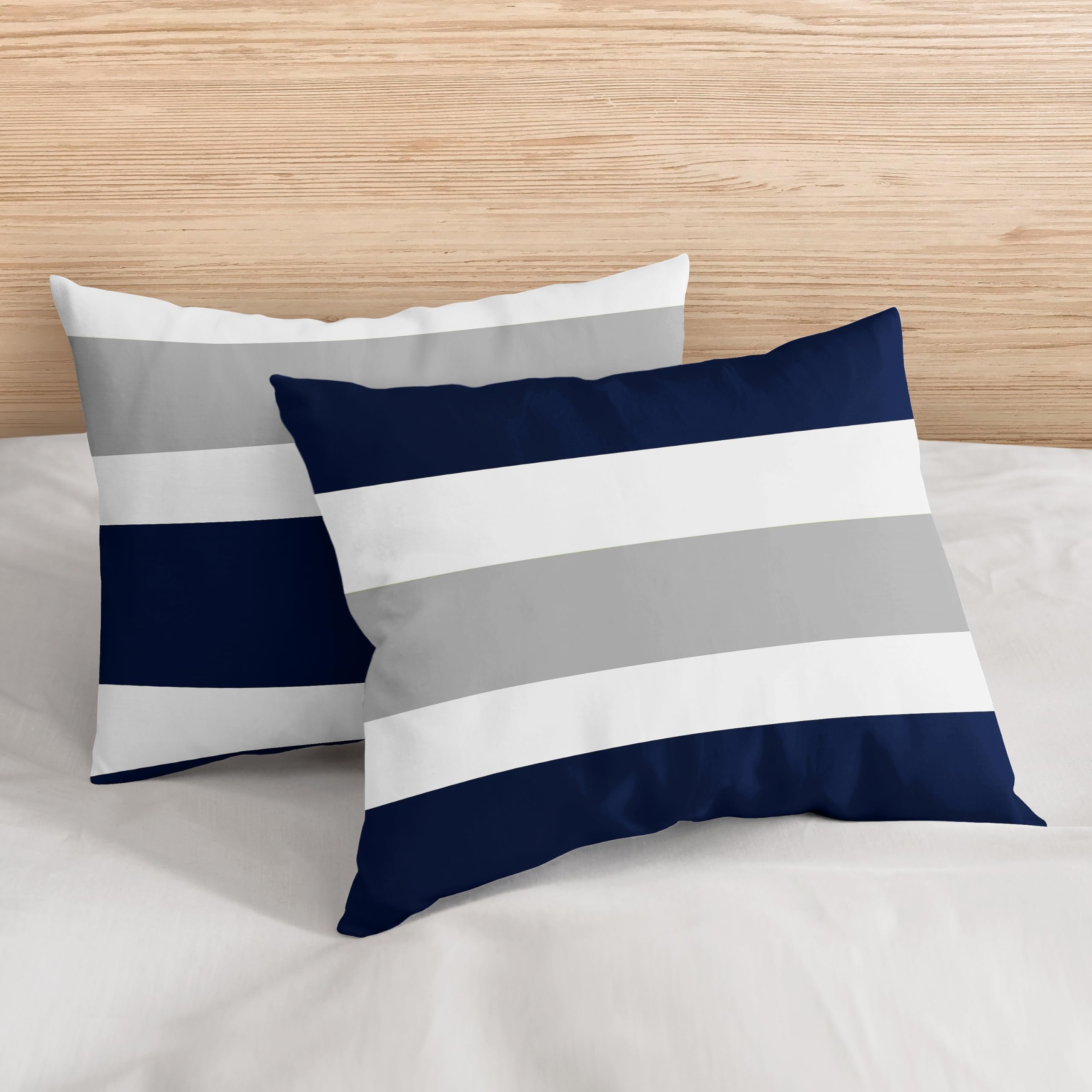 Navy Blue, Gray & White 3-Piece Boys' Stripe Bedding Set - Full/Queen Size for Kids & Teens - Perfect for Bedrooms, Dorms & Sleepovers