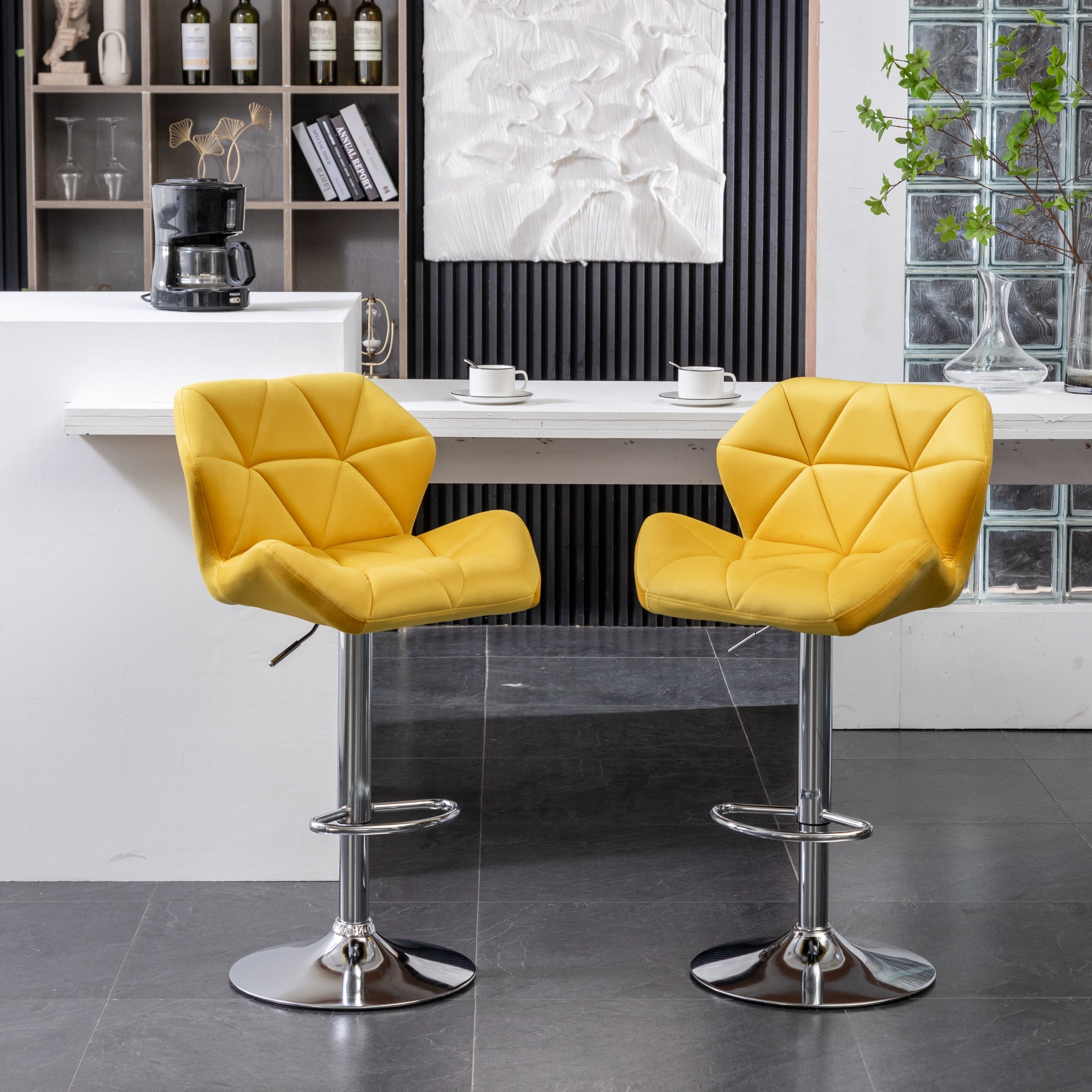 Roundhill Furniture Breni Velvet Diamond Tufted Swivel Adjustable Height Bar Stool - Yellow (Set of 2) - Perfect for Kitchen Island, Home Bar & Breakfast Nook
