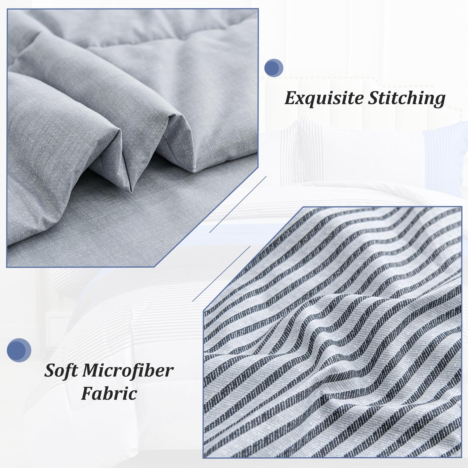 WONGS BEDDING King Size Blue & Grey Reversible Down Alternative Comforter Set - 3 Piece Microfiber Bedding (104