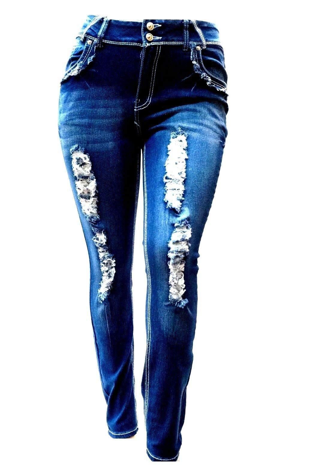 Jack David Women's Plus Size Distressed Ripped Destroyed Blue Denim Jeans - Skinny Bootcut Pants for Casual Wear & Street Fashion