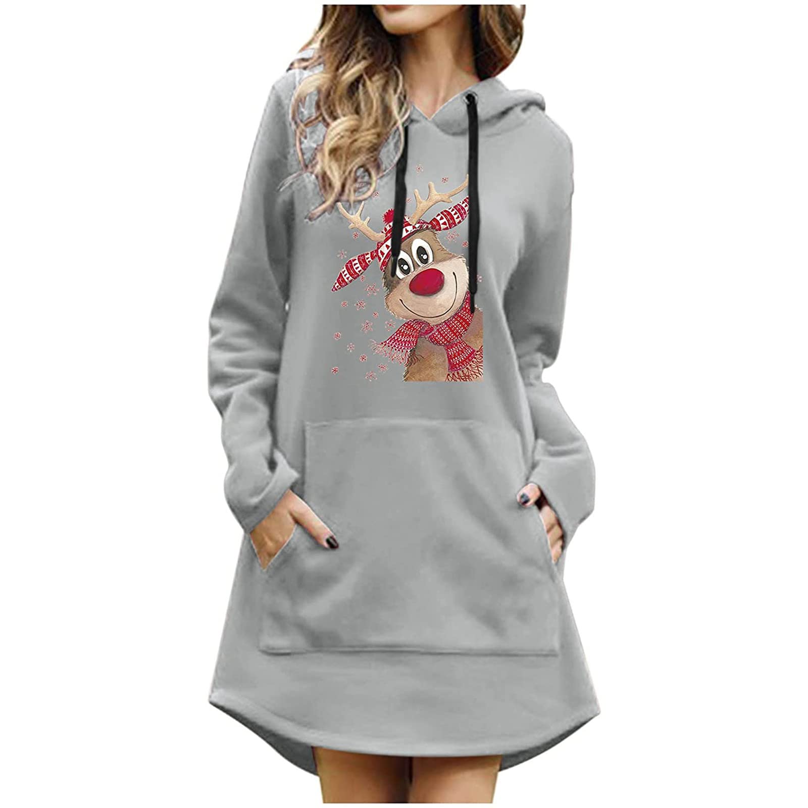 Women's Lightweight Drawstring Hoodie - Cute Christmas Reindeer Print Sweatshirt - Casual Long Sleeve Pullover with Pockets - Perfect for Holiday Gifts, Winter Outfits & Cozy Loungewear