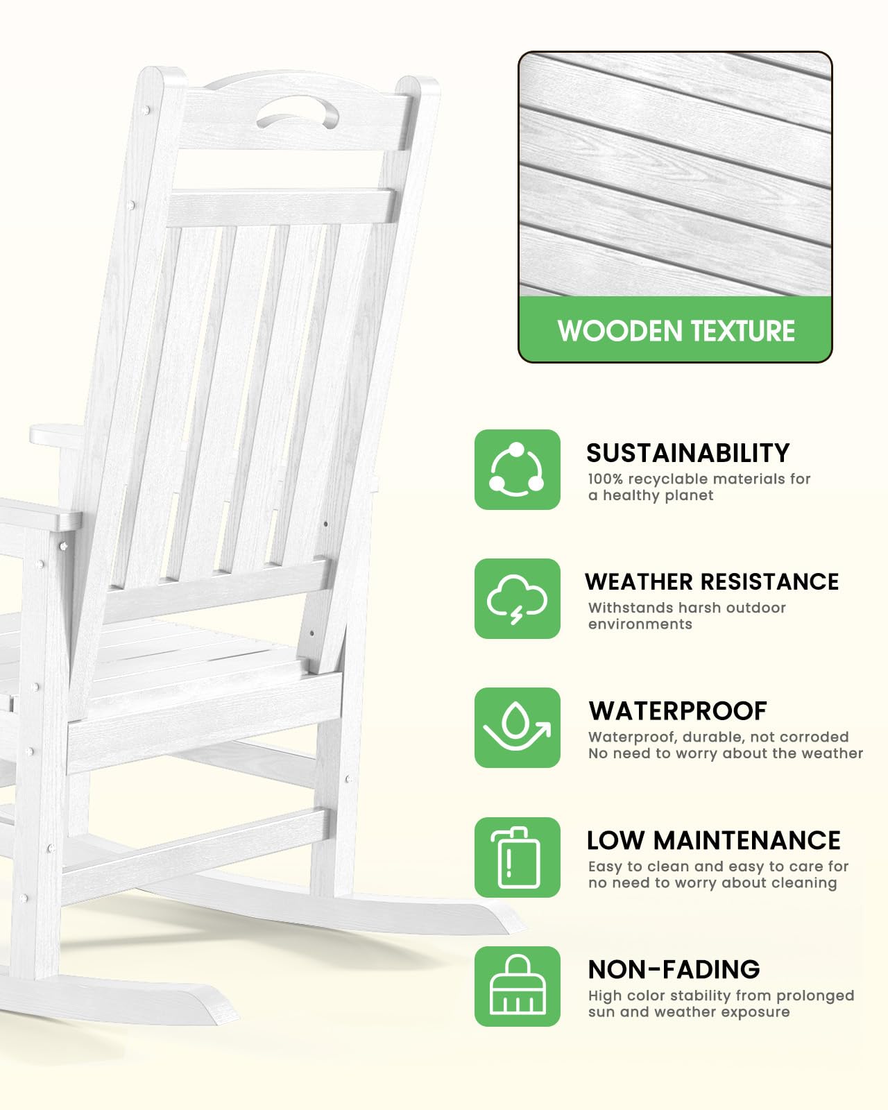 Premium Oversized Outdoor Rocking Chair - High Back Patio Rocker with 380lb Weight Capacity - All-Weather HDPE Material - Perfect for Porch, Garden & Backyard Relaxation (White)