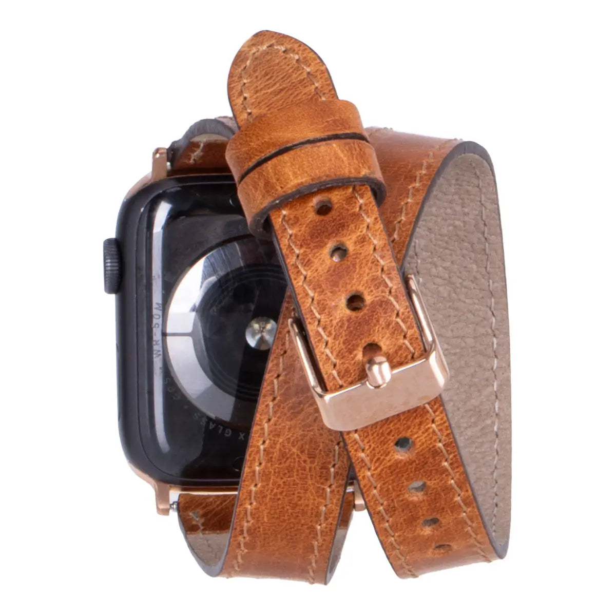 Camel Brown Leather Double Tour Slim Apple Watch Band with Gold Rivet - Stylish & Durable Replacement Strap for Work, Travel & Everyday Wear