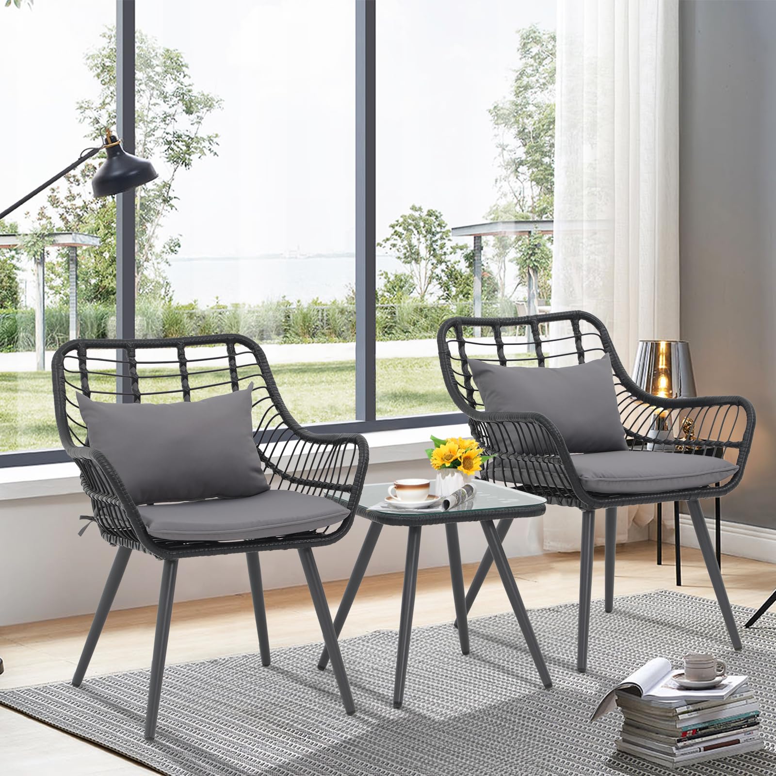 Verano Garden 3-Piece Patio Bistro Set - Outdoor Wicker Conversation Chairs with Cushions & Coffee Table - Perfect for Poolside, Balcony, Garden or Small Patio Furniture