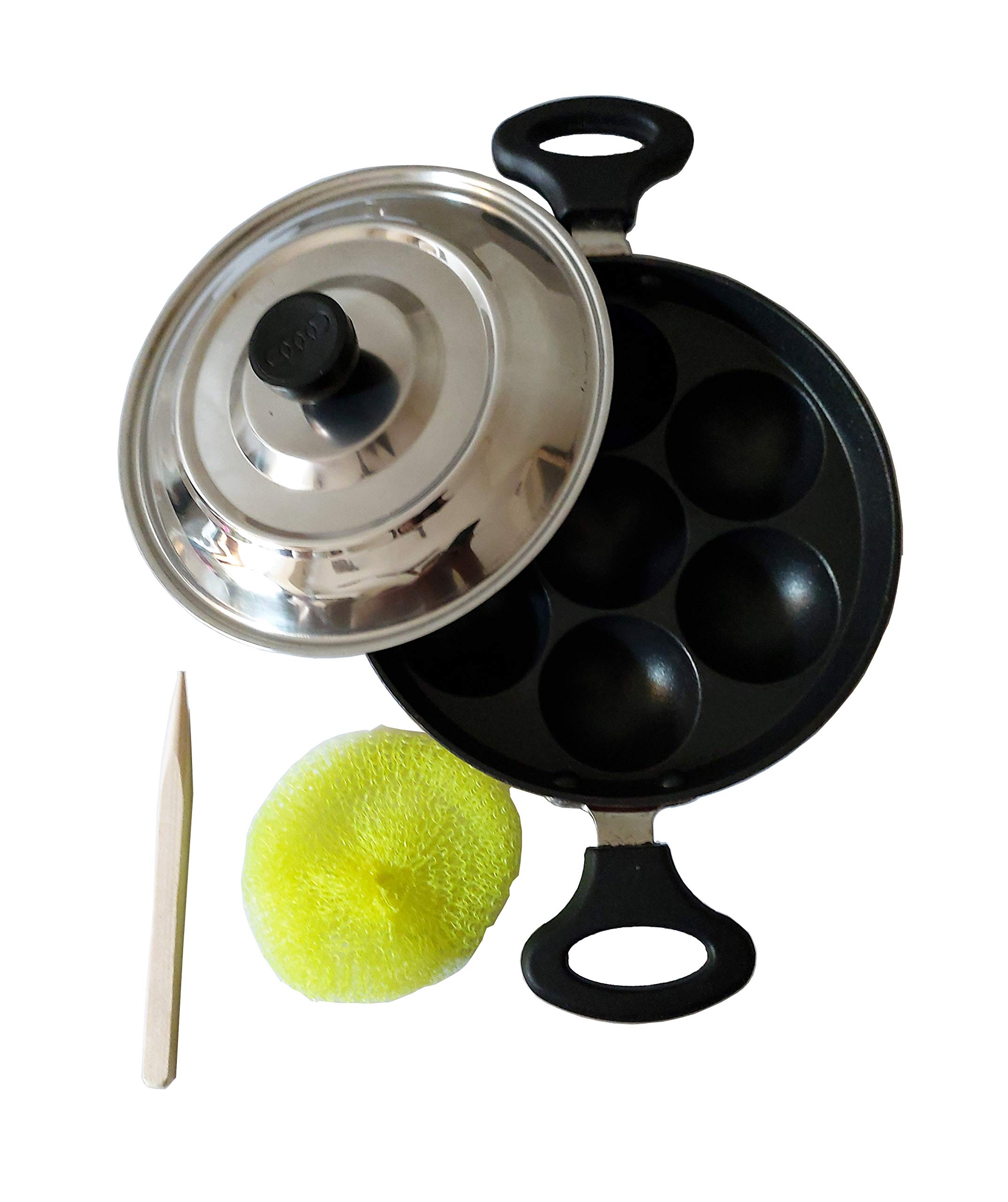 Non Stick Appam Maker Pan with Lid - 7 Pits Induction Base Appam Patra - Includes Spatula & Scrubber - Perfect for South Indian Breakfast, Snacks & Vegan Cooking