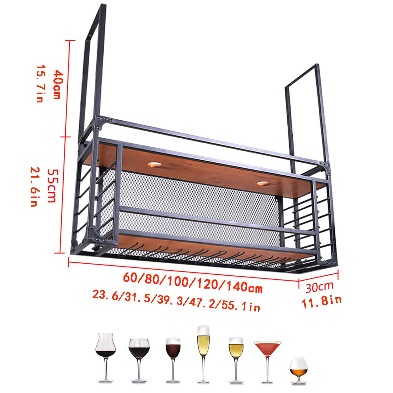 Premium Black Metal Ceiling Wine Glass Rack with Hanging Holder & Shelf - 55.1in Stemware Storage for Bars, Restaurants, Kitchens - Perfect for Wine Cellars, Home Bars & Commercial Establishments