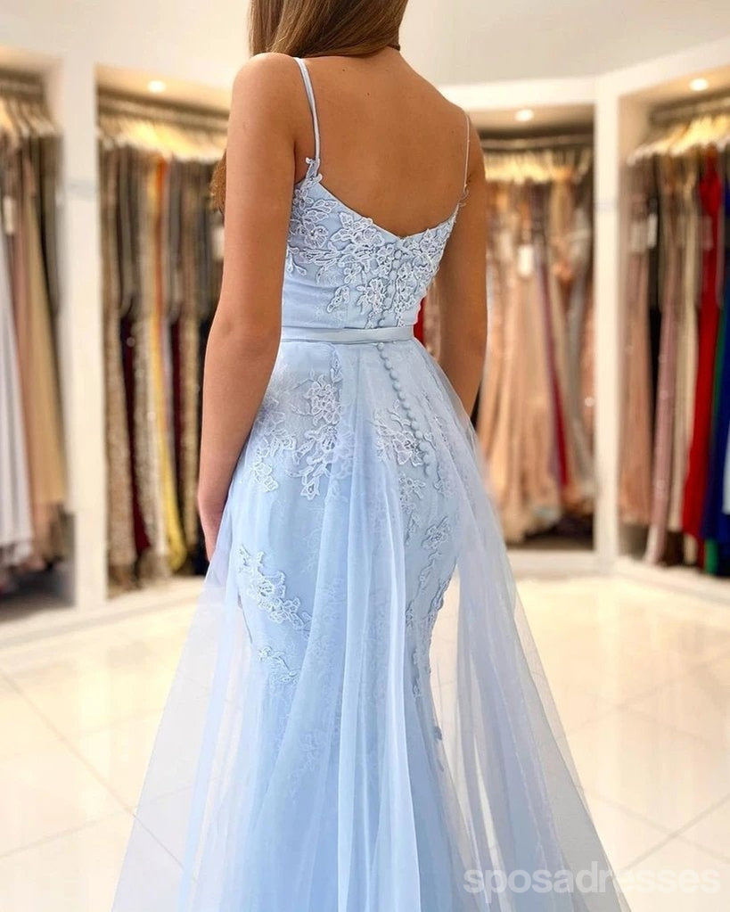 Elegant Blue Lace Mermaid Prom Dress with Spaghetti Straps & V-Neck - Formal Evening Gown for Homecoming, Quinceañera, and Special Occasions