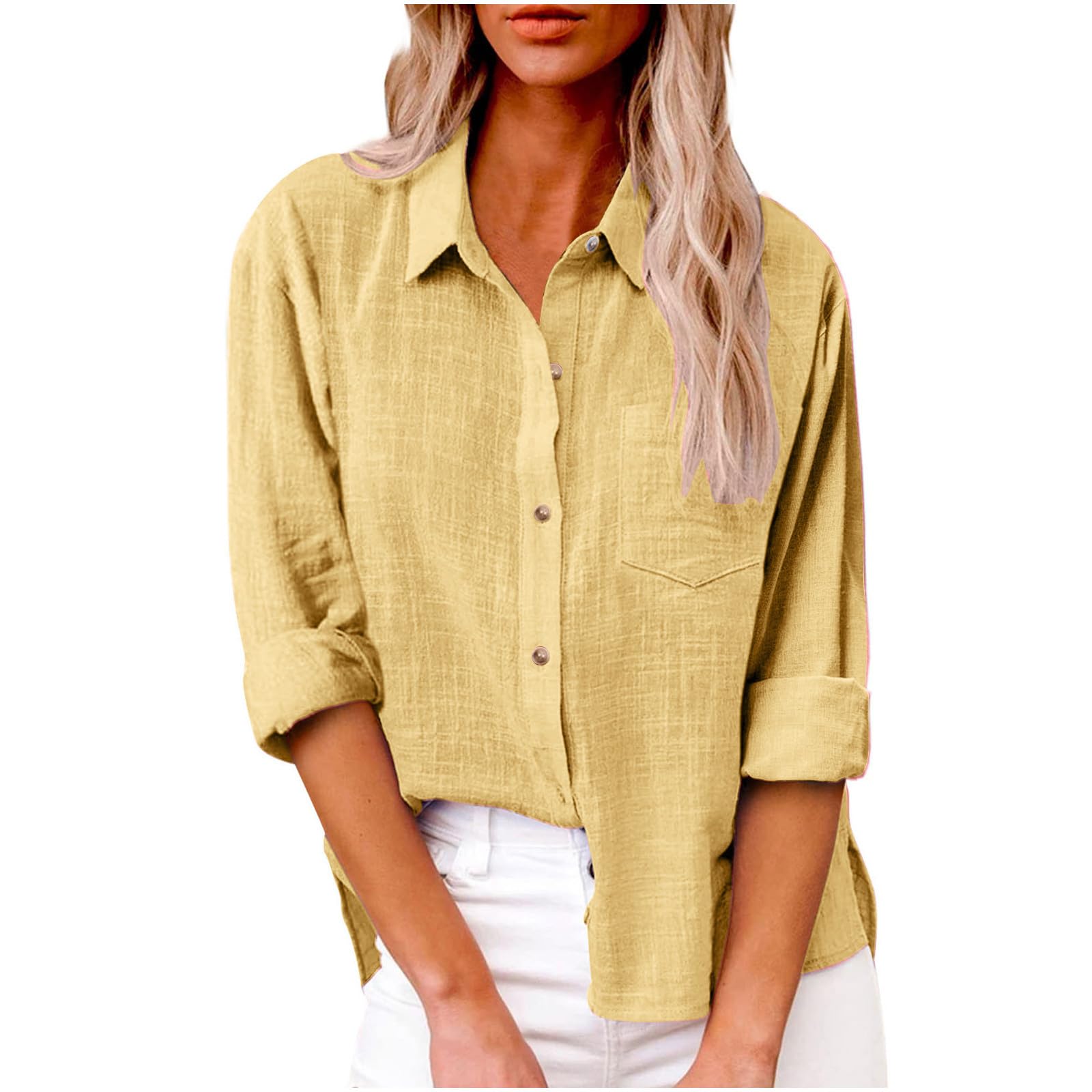 Women's Linen Long Sleeve Blouse - V Neck Button Down Shirt for Summer | Comfortable Business Casual Top for Office & Outdoor Wear