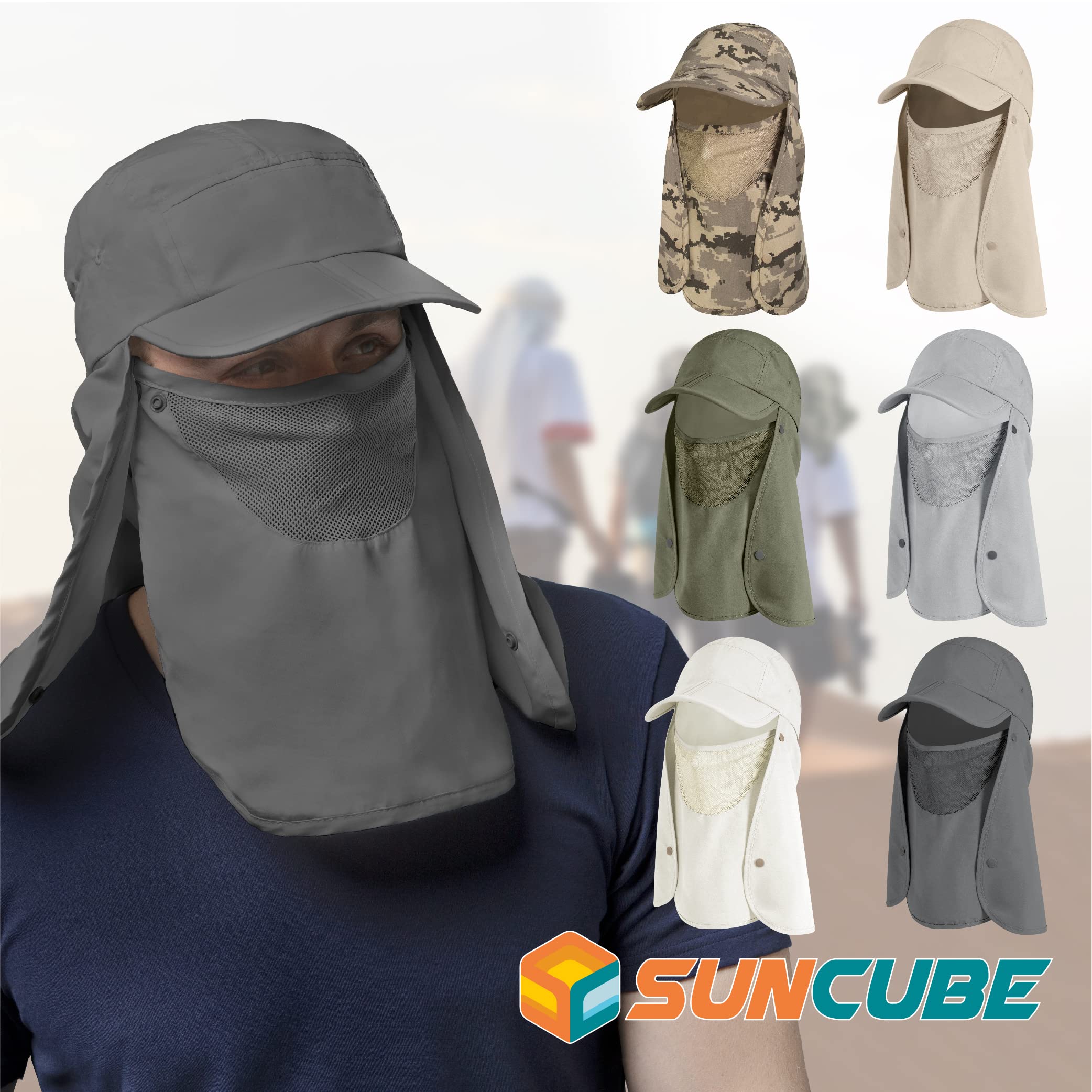 Men's SUN CUBE UV Protection Fishing Hat with Neck Flap & Face Cover - Outdoor Bucket Cap for Hiking, Running, Fishing & Beach Activities - UPF 50+ Sun Hat for Summer Adventures