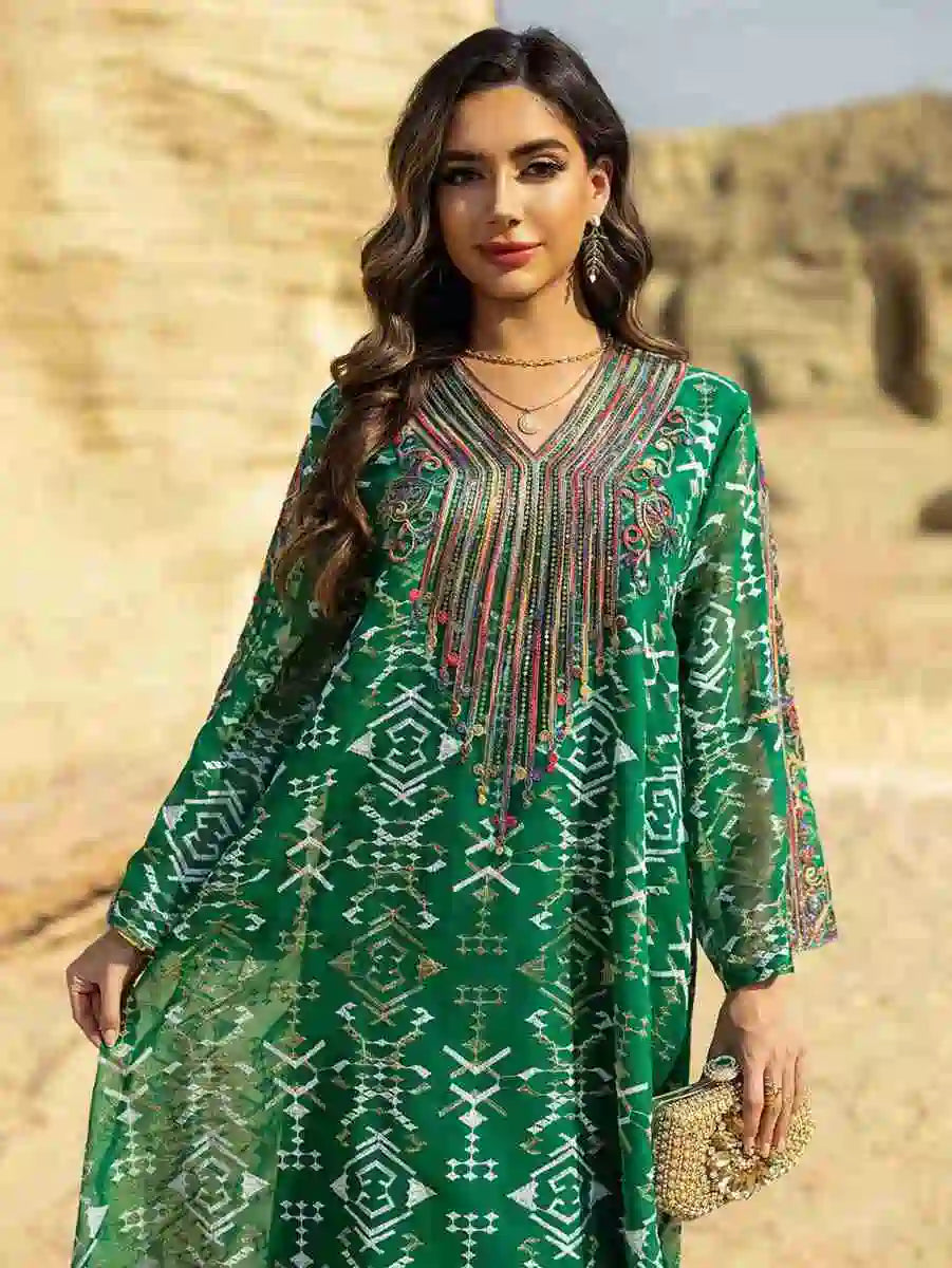 Elegant Eid Dress with Embroidery Applique - Flowy Caftan Kaftan Maxi Dress #25468 for Women - Perfect for Holiday Celebrations, Parties & Special Occasions