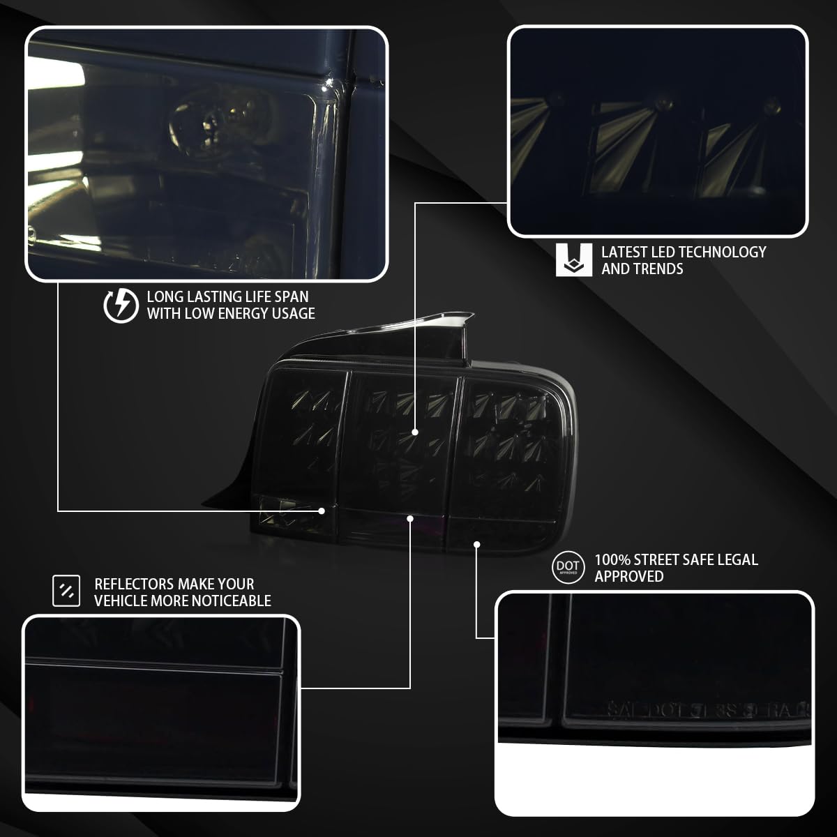 AUTOZENSATION LED Tail Lights for 2005-2009 Ford Mustang - Glossy Black Housing with Dark Smoke Lens - Sequential Turn Signals - Left & Right Pair Assembly - Upgrade Your Mustang's Rear Style for Night Driving & Car Shows