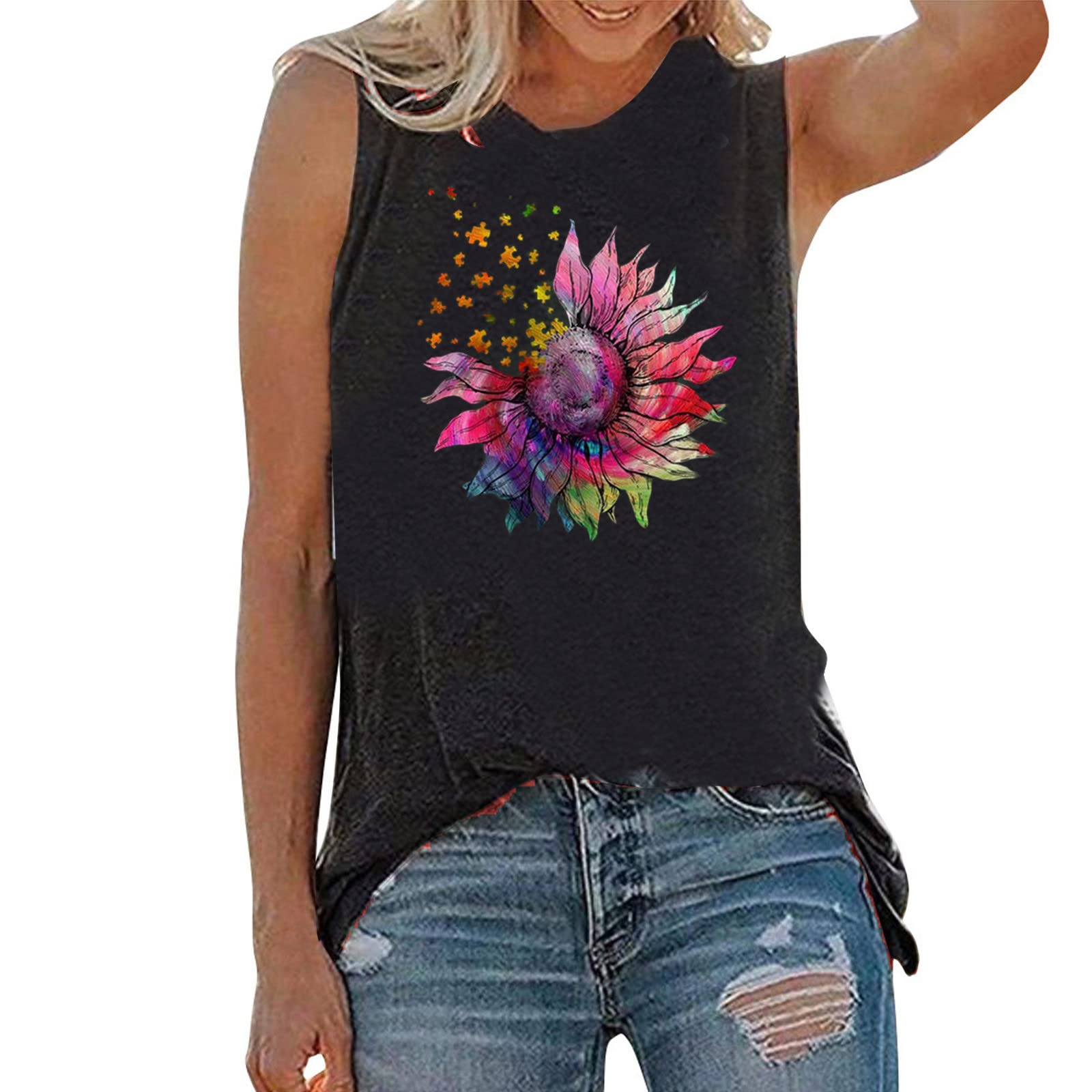 Women's Floral Print Summer Tank Tops - Sleeveless Loose Scoop Neck Casual Tee for Beach, Vacation & Everyday Wear