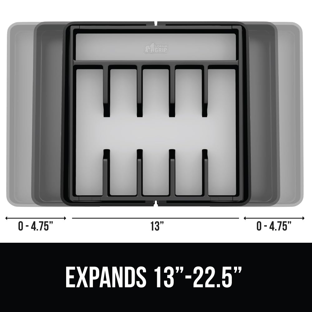 Gorilla Grip Expandable Silverware Organizer for Kitchen Drawers - BPA-Free Adjustable Utensil Tray with Non-Slip Rubber Lining & Grip Feet - Maximize Flatware Storage (Black) | Perfect for Organizing Forks, Spoons & Knives in Home or Restaurant Kitchens
