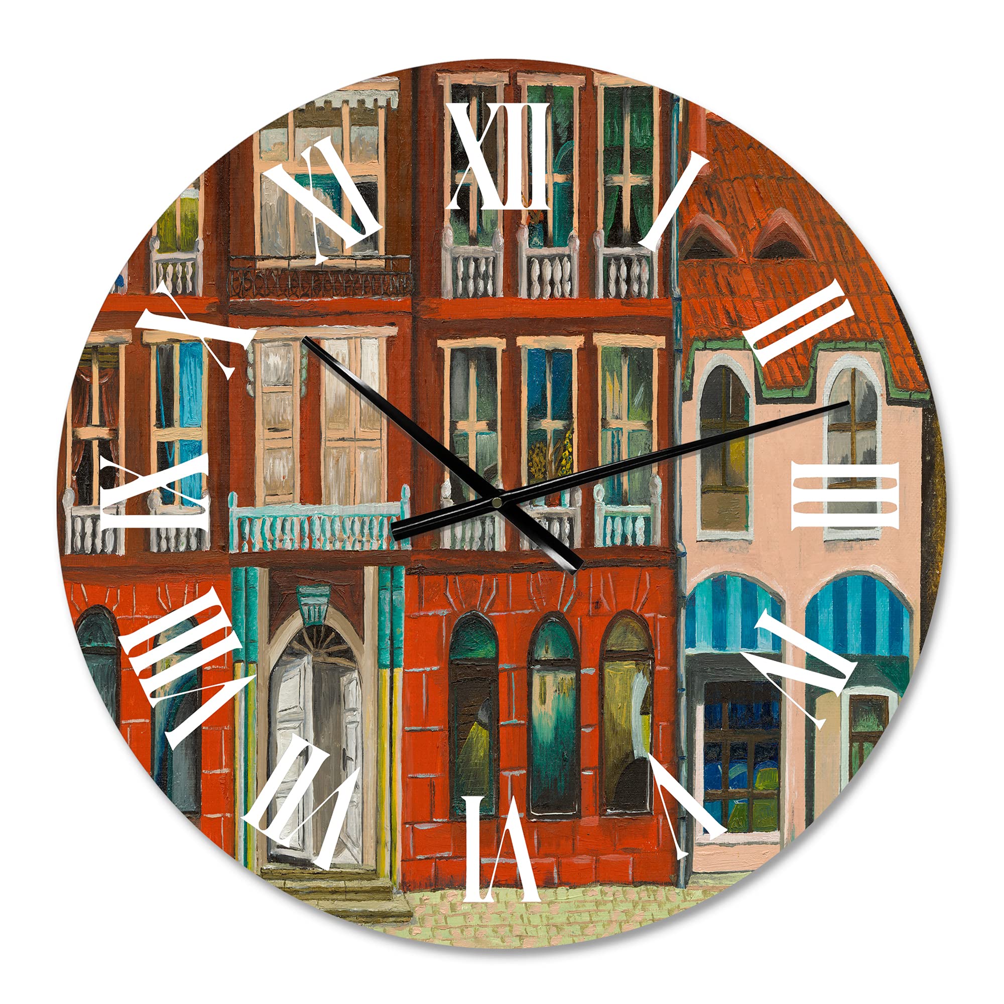 French Country Wall Clock - 'Red Facade of Shop in Paris I' Landscape Design - Large Kitchen Wall Decor - Perfect for Farmhouse, Living Room & Office Décor
