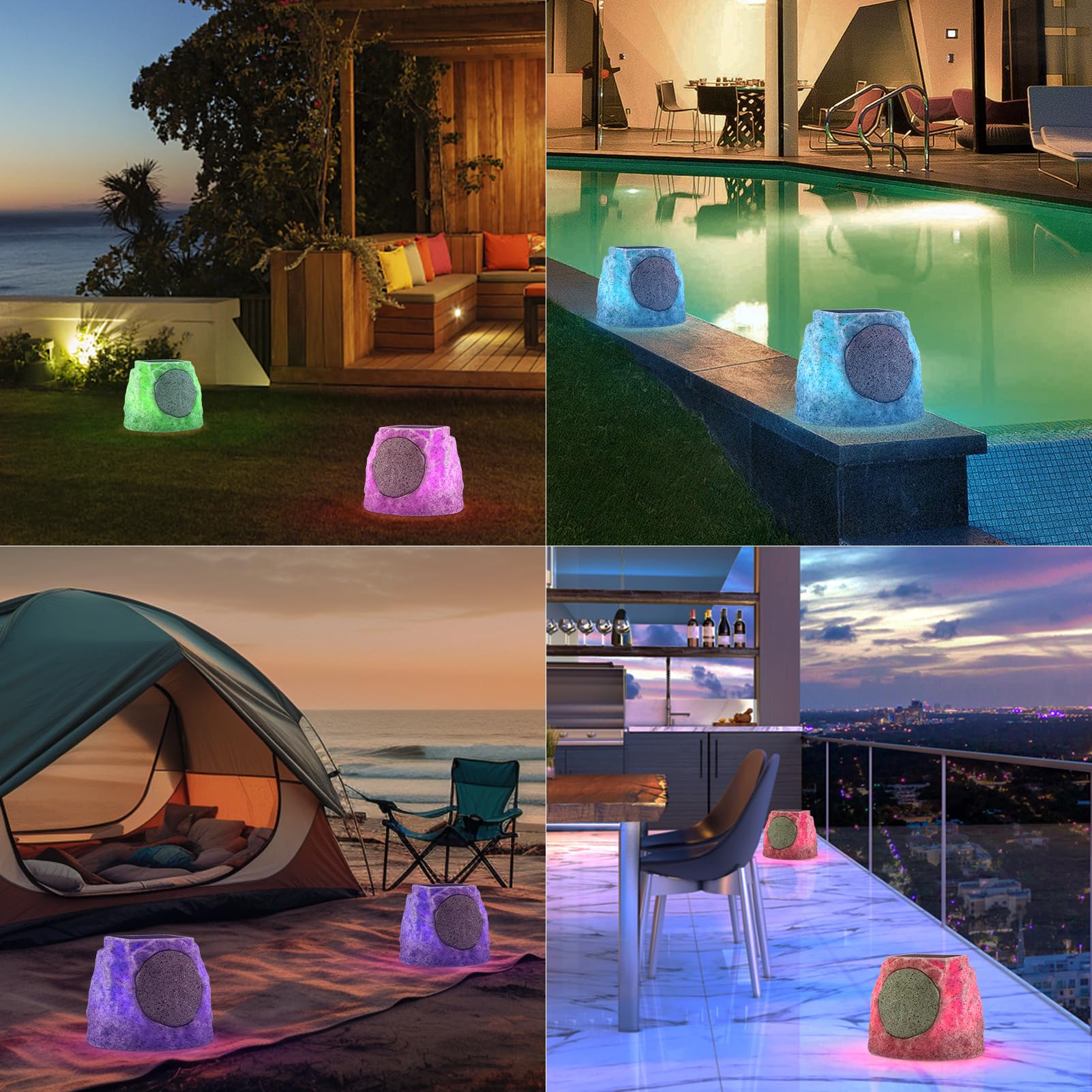 Solar Powered Bluetooth Rock Speakers Outdoor Waterproof - 2 Pack Wireless Garden Speakers with RGB Lights & TWS Pairing, Perfect for Patio, Backyard, Pool Party, BBQ and Deck Entertainment