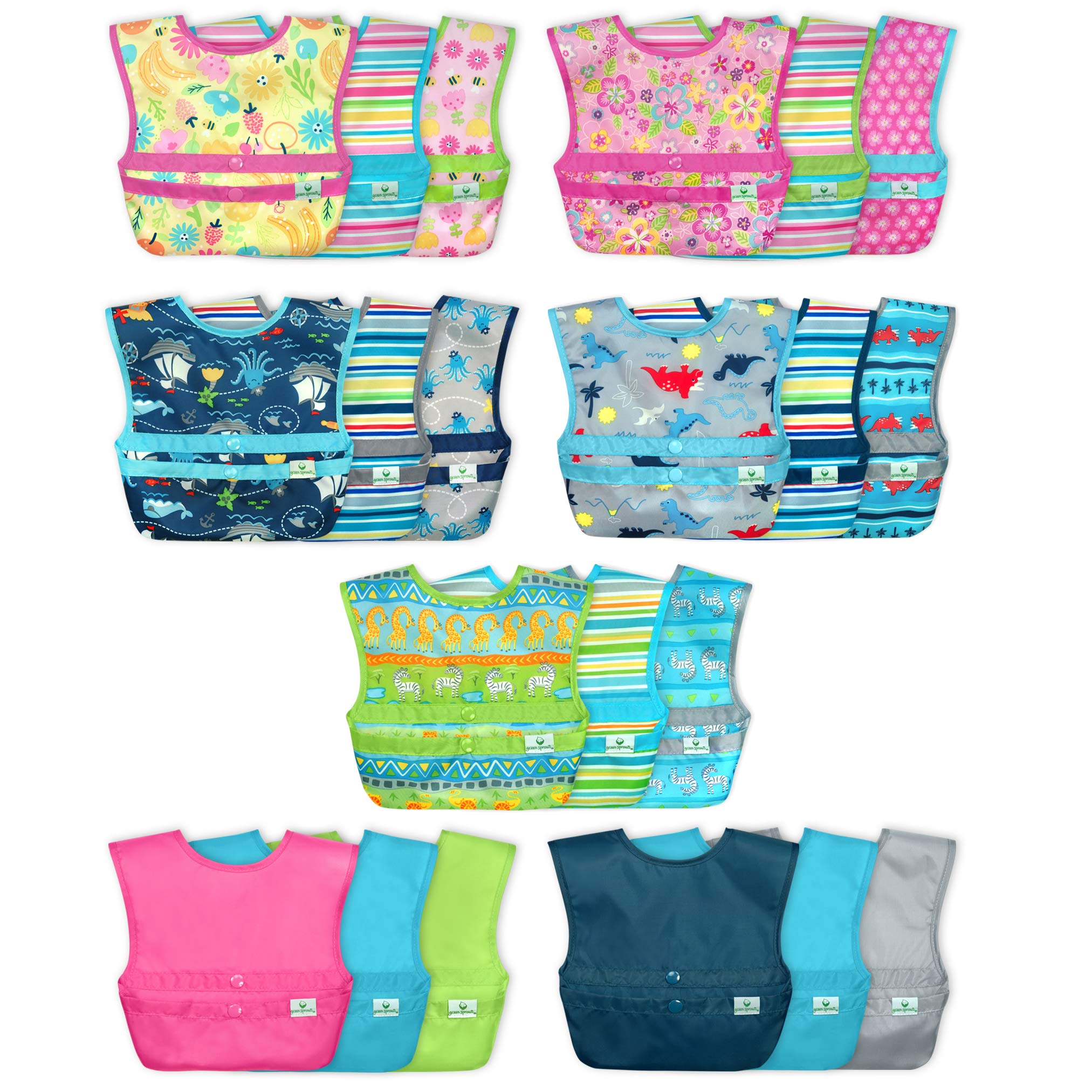 Green Sprouts Snap and Go Easy-Wear Baby Bibs (3 Pack) | Soft Cotton Drool & Food Bib for Infants & Toddlers | Messy Eating Protection with Flipped Pocket | Machine Washable for Easy Cleaning | Perfect for Feeding Time, Daycare & On-the-Go Use