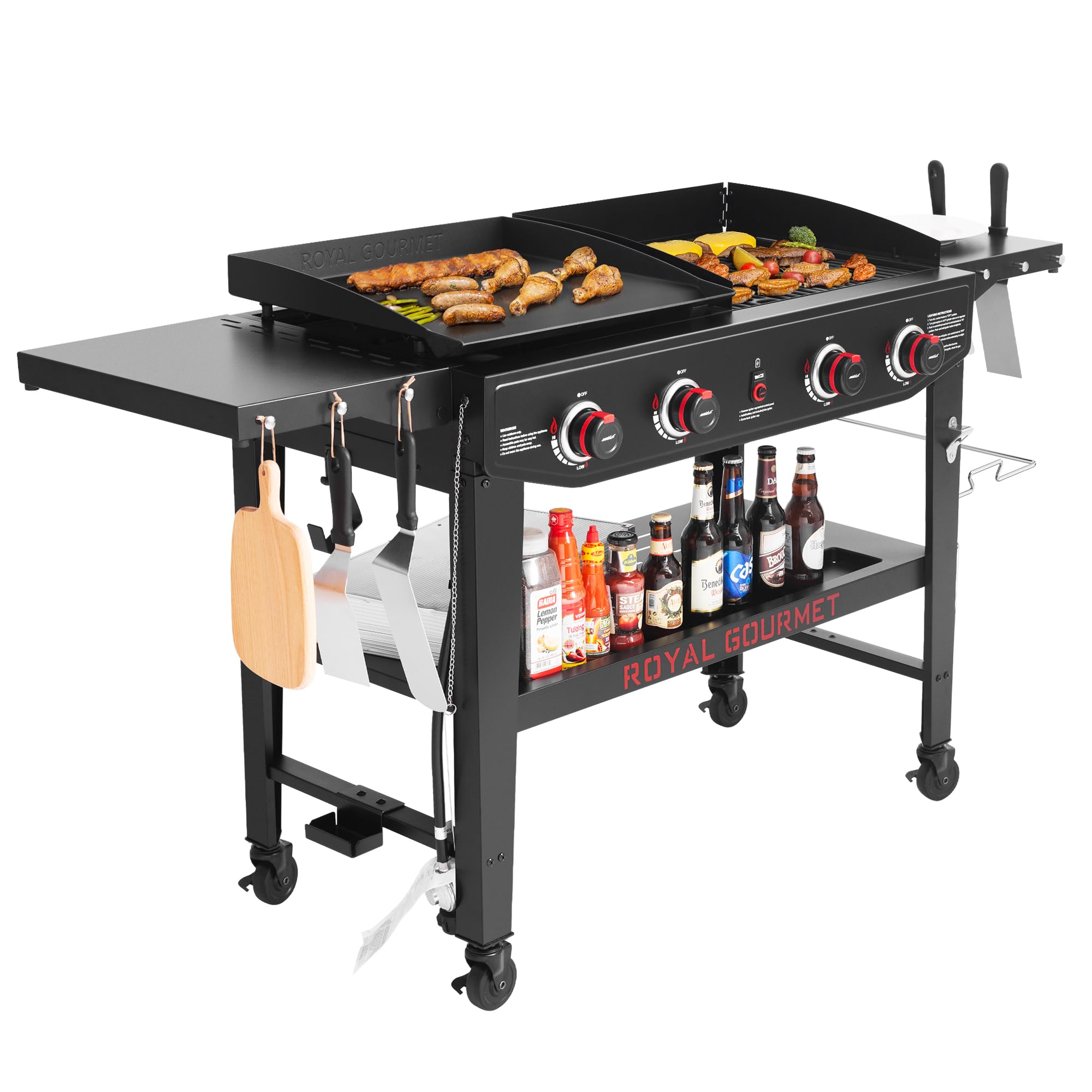 4-Burner Propane Gas Grill and Griddle Combo with Grilling Tools - 296 Sq. In. Cooking Surface & 314 Sq. In. Griddle - Heavy-Duty Portable Outdoor Grill for Backyard, Camping, Tailgating & BBQ Parties - Black (Model GD405A-SC)