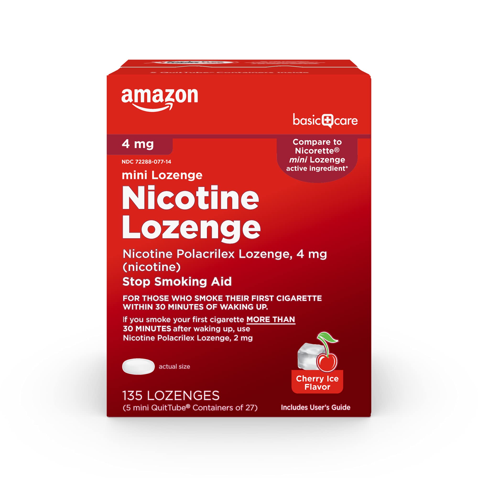 Amazon Basic Care Mini Nicotine Lozenge 4mg, Cherry Ice Flavor - 135 Count | Smoking Cessation Aid for Craving Relief | Perfect for Work, Travel & Quitting Smoking