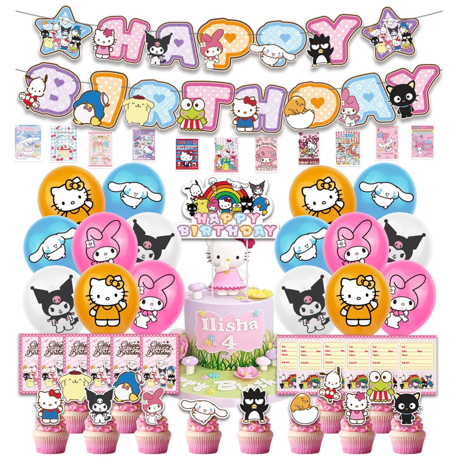 Kawaii Birthday Party Decorations Set - Includes Banner, Cake Toppers, Balloons & 50 Stickers - Friendship Theme Party Supplies (Color) - Perfect for Kids Birthday Parties, Friendship Celebrations & Special Occasions