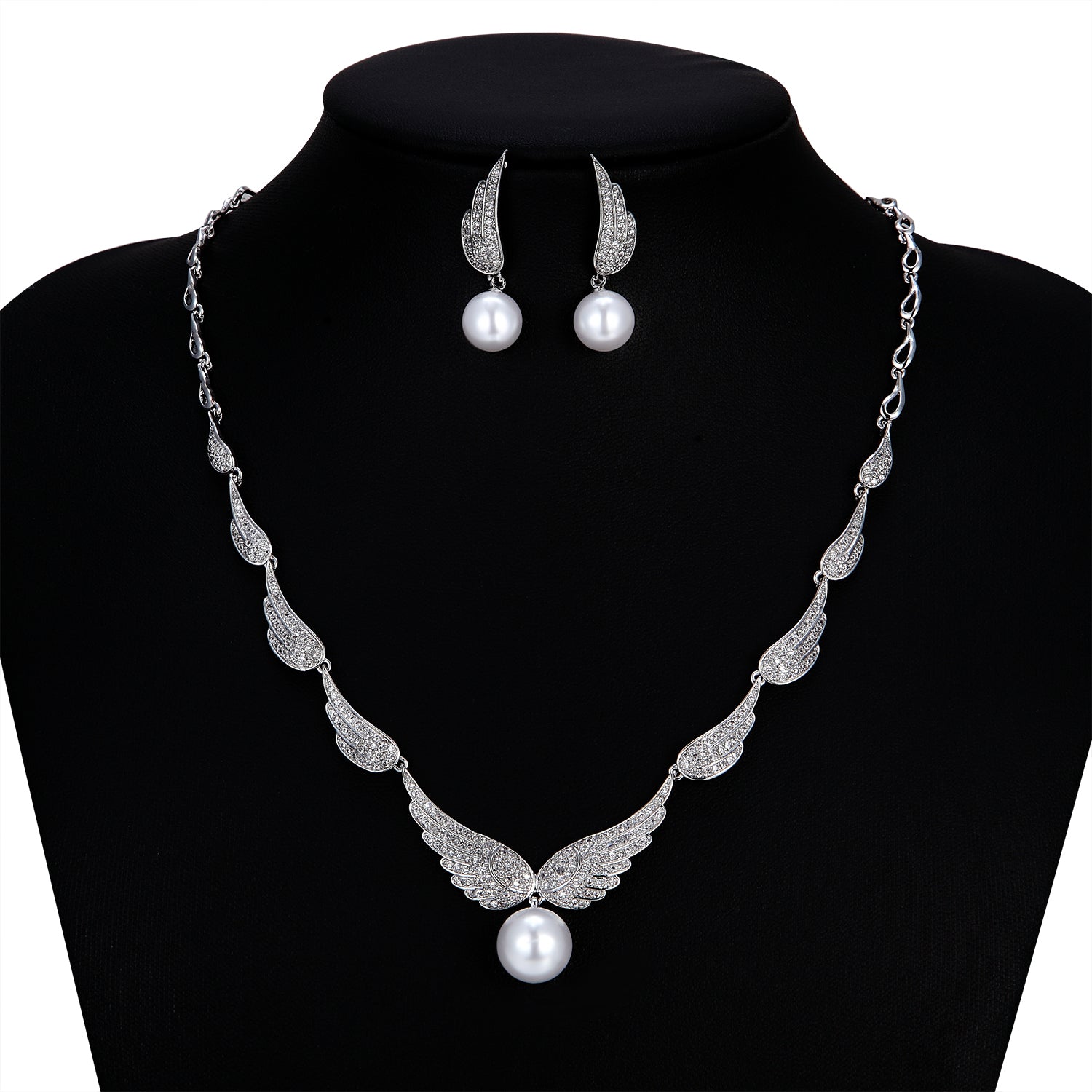 Elegant Cubic Zirconia Wing Pearl Bridal Jewelry Set - Necklace & Earrings for Wedding, Bride, Anniversary - Perfect for Bridal Shower, Engagement Party & Formal Occasions