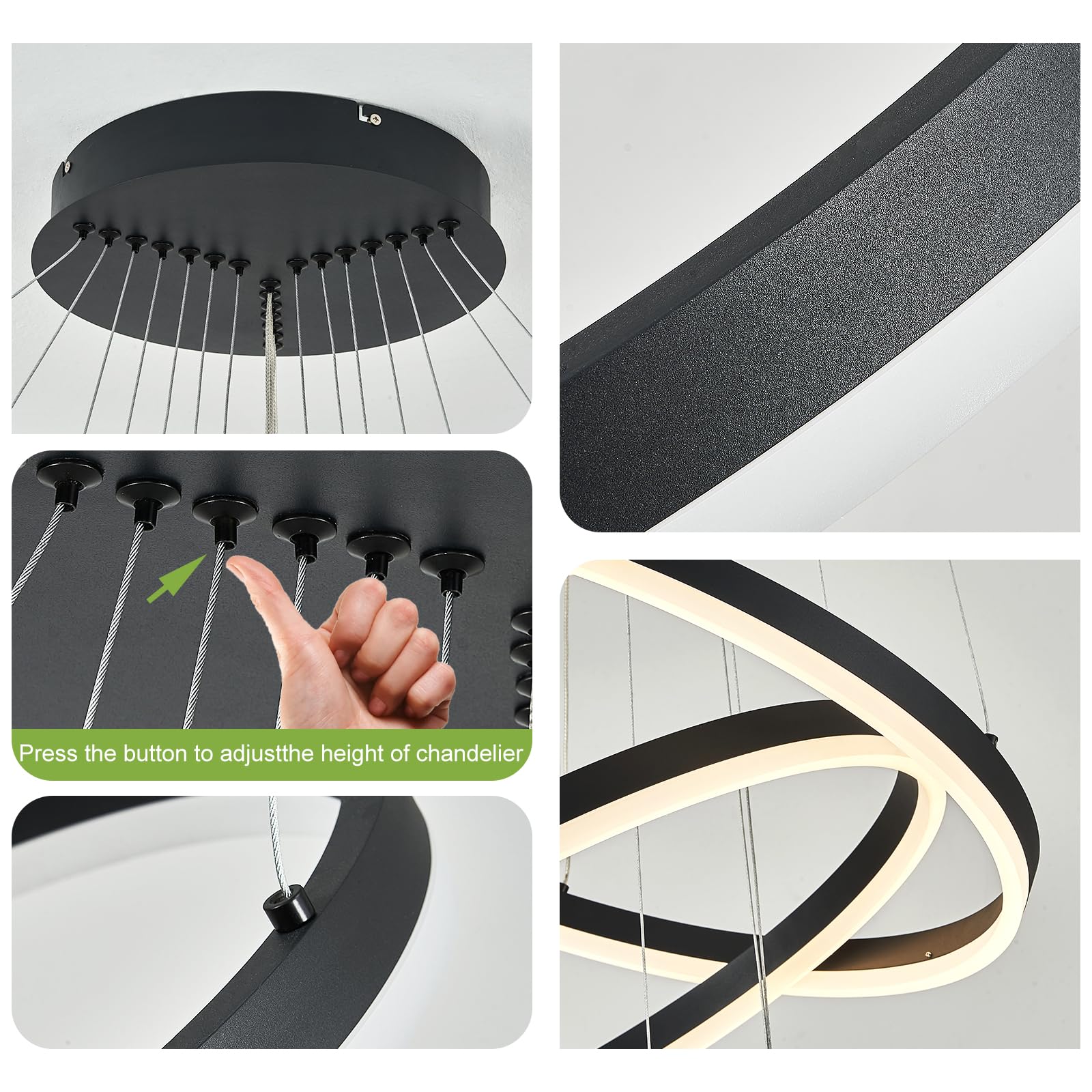Modern 3-Ring LED Chandelier - Black Dimmable Pendant Light with Remote Control, Circular Flush Mount Ceiling Fixture (3000K-6500K Adjustable, 71cm Height) for Dining Room, Living Room, Bedroom & Entryway - Perfect for Contemporary Home Decor and Ambient Lighting