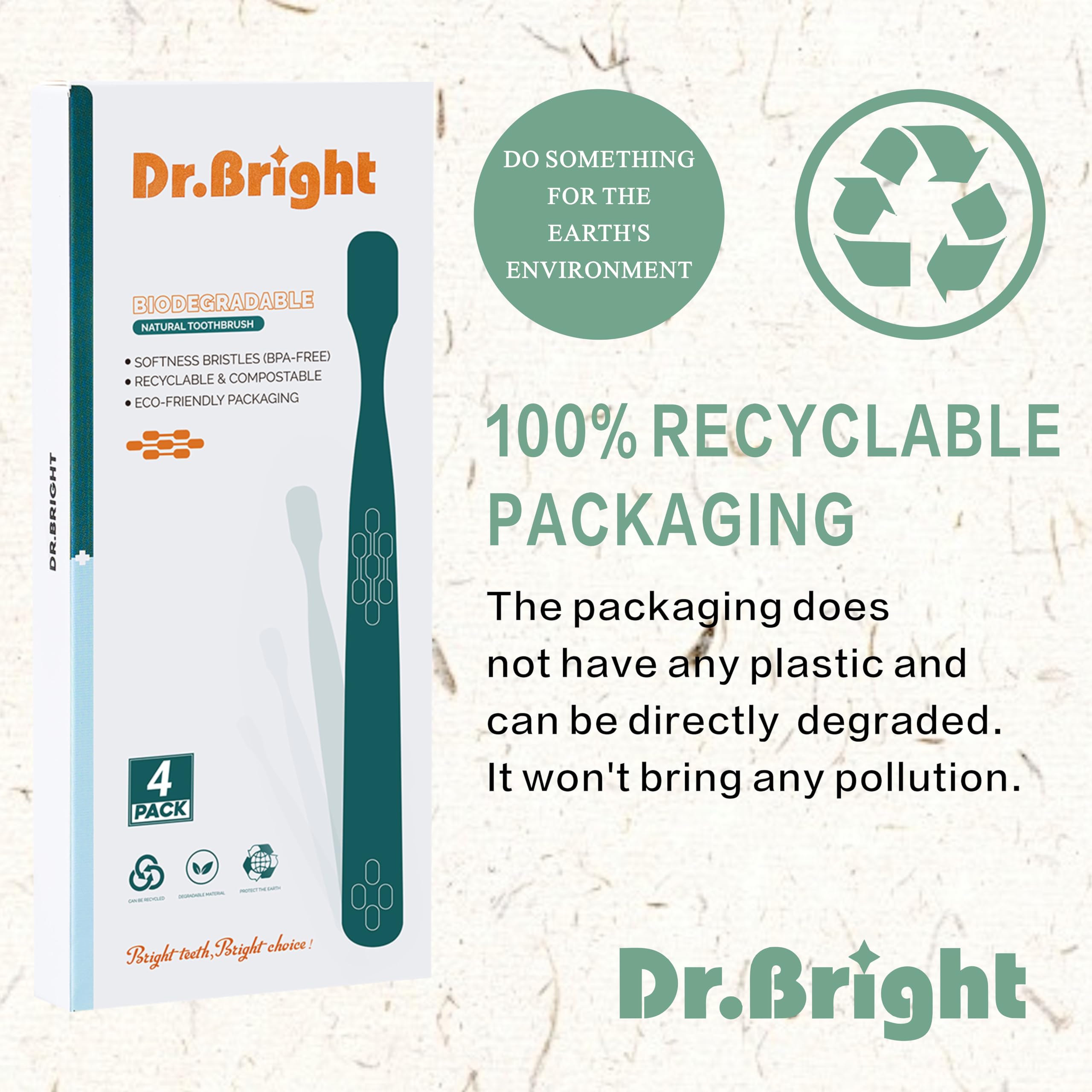 Eco-Friendly Biodegradable Toothbrushes for Adults - 4 Pack Soft Bristles, Natural & Compostable, Recyclable Green Dental Care with Individual Packaging - Perfect for Travel, Home & Sustainable Lifestyle