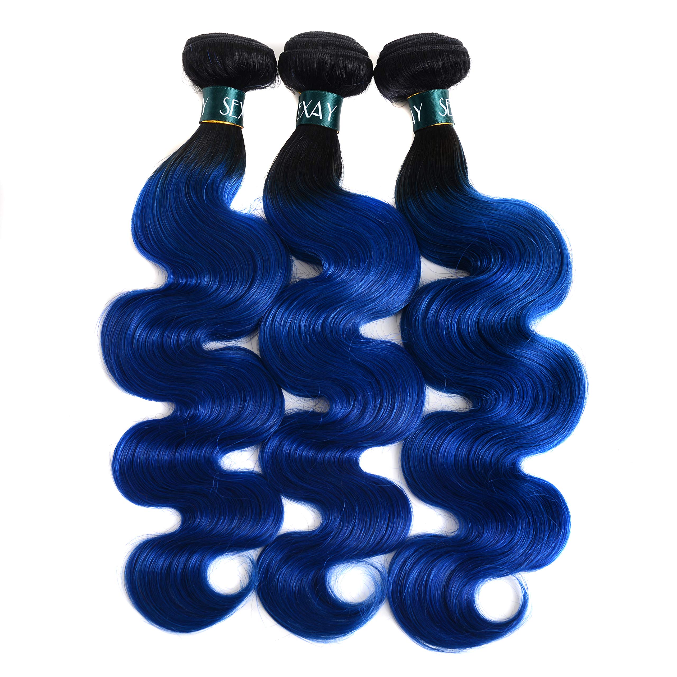 Ombre Hair Bundles 1B/Blue - Brazilian Remy Human Hair Extensions - Body Wave 2-Tone Ombre (16