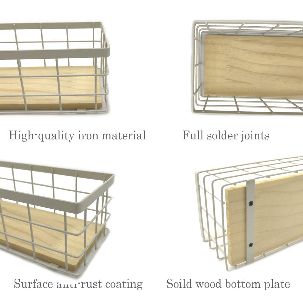 Metal Wire Storage Basket with Wood Base - Decorative Organizing Bin for Kitchen, Bathroom, Tableware & Home Organization - Beige Home Storage Solution for Shelves, Countertops & Closets