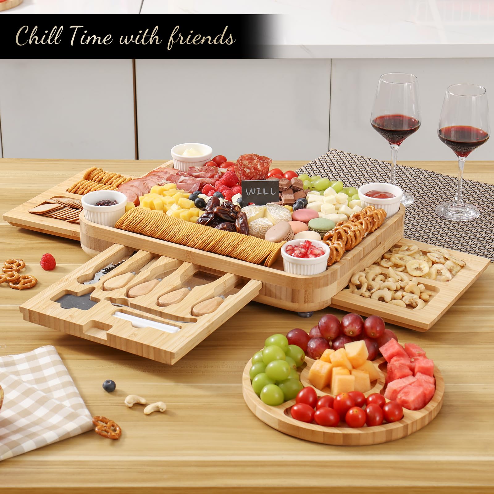Premium Charcuterie Board Set with Lid - Elegant Cheese Serving Tray & Entertaining Platter for Parties, Housewarming Gifts, Women's Gift Ideas - 3 Drawer Cream Design with Convenient Handle (Perfect for Wine Nights, Bridal Showers & Holiday Gatherings)