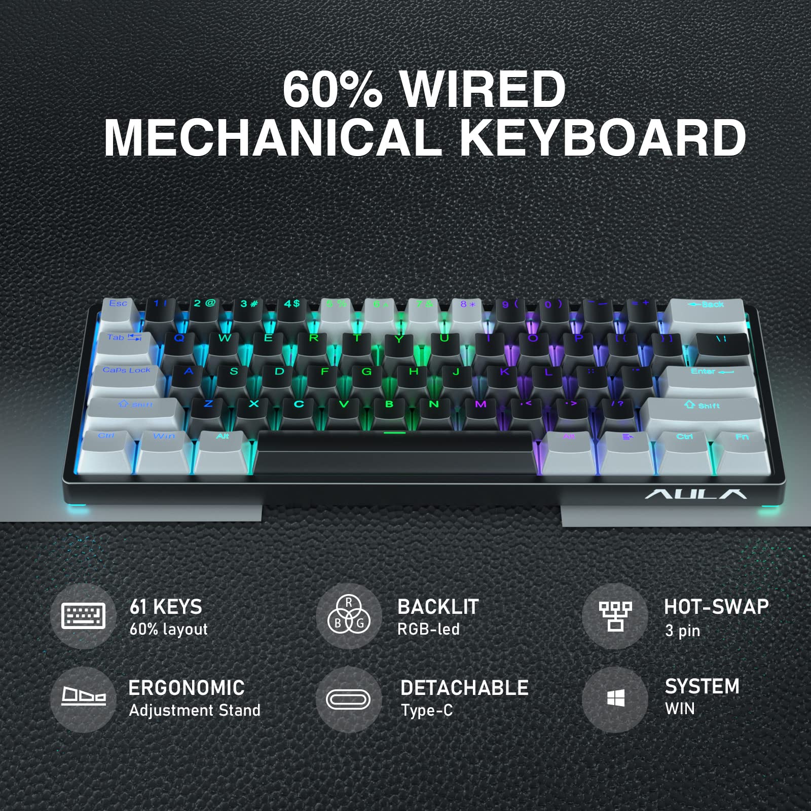 AULA F3261 60% Compact Mechanical Gaming Keyboard with Blue Switches, RGB Backlit, Wired USB for PC, Tablet, PS4, Xbox - Perfect for Esports, Typing & Office Work