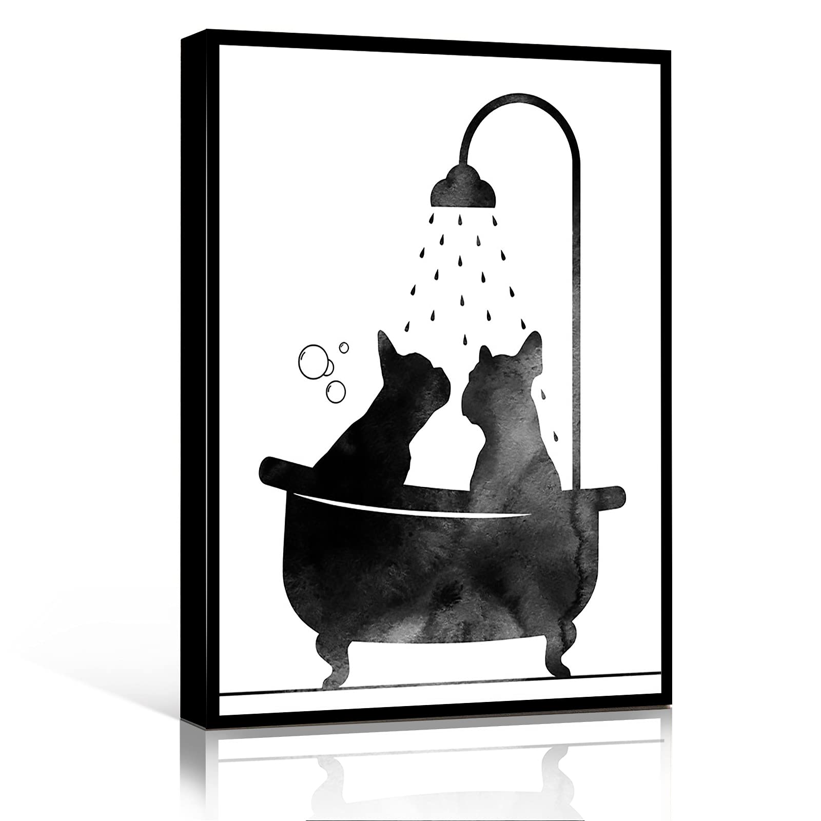 Modern Bathroom Wall Art - Dogs in Tub Canvas Print, French Bulldog Shower Decor, Framed Dog Lovers Gift (16x24 Inch, White) | Perfect for Bathroom, Powder Room & Pet Lover Home Decor