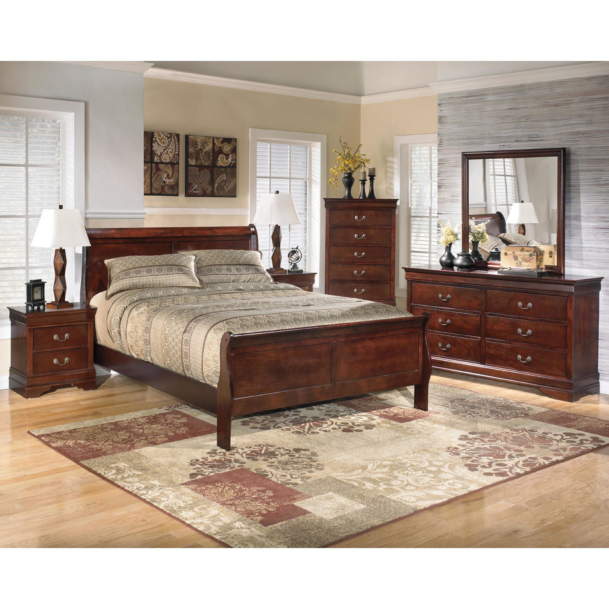 Alisdair 5-Piece Queen Sleigh Bedroom Set in Dark Brown - Complete Bed Frame, Nightstands & Dresser for Elegant Master Bedroom Decor