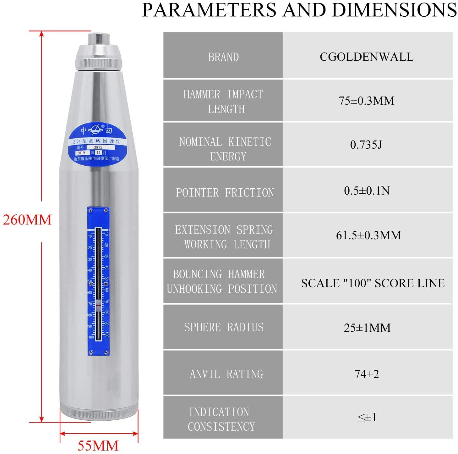 CGOLDENWALL ZC4 Side Brick Rebound Hammer Tester - Professional Concrete Strength Testing Tool for Construction & Engineering Projects - Perfect for Quality Control in Building Inspection and Material Analysis