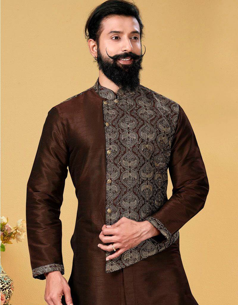 Elegant Coffee Kurta Dhupion Embroidered Silk Churidar Suit for Women | Traditional Indian Ethnic Wear for Festivals & Weddings