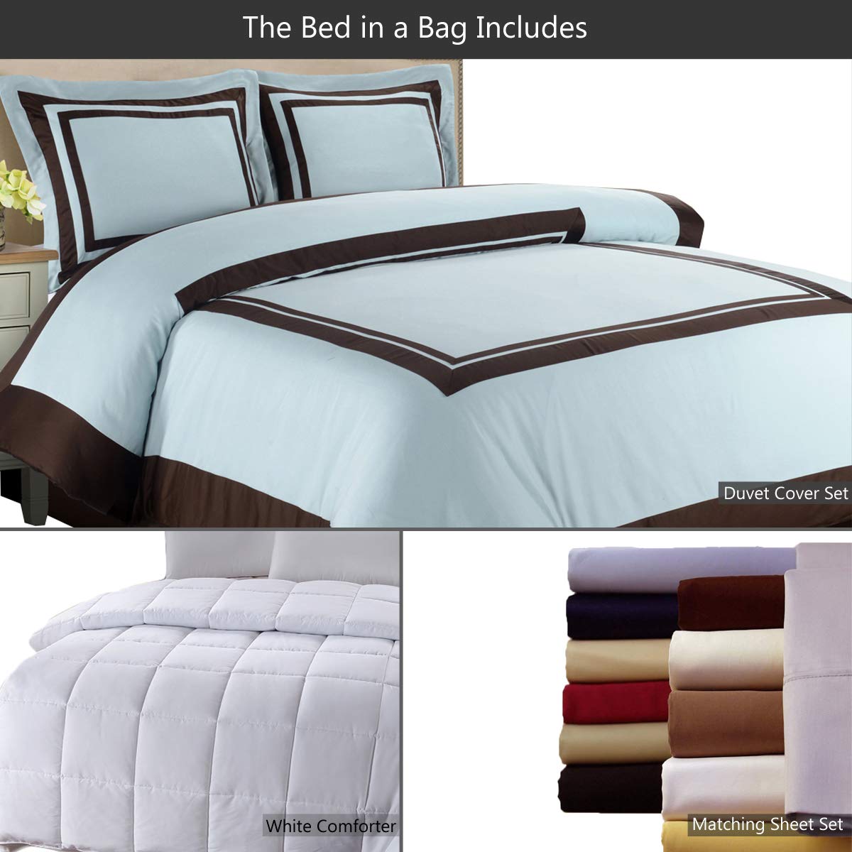 8-Piece Queen Size Hotel Bed-in-A-Bag Set - 100% Cotton 300TC Blue & Chocolate Duvet Cover with Matching Sheets + White Down Alternative Comforter - Luxury Bedding for Home, Hotel, or Airbnb