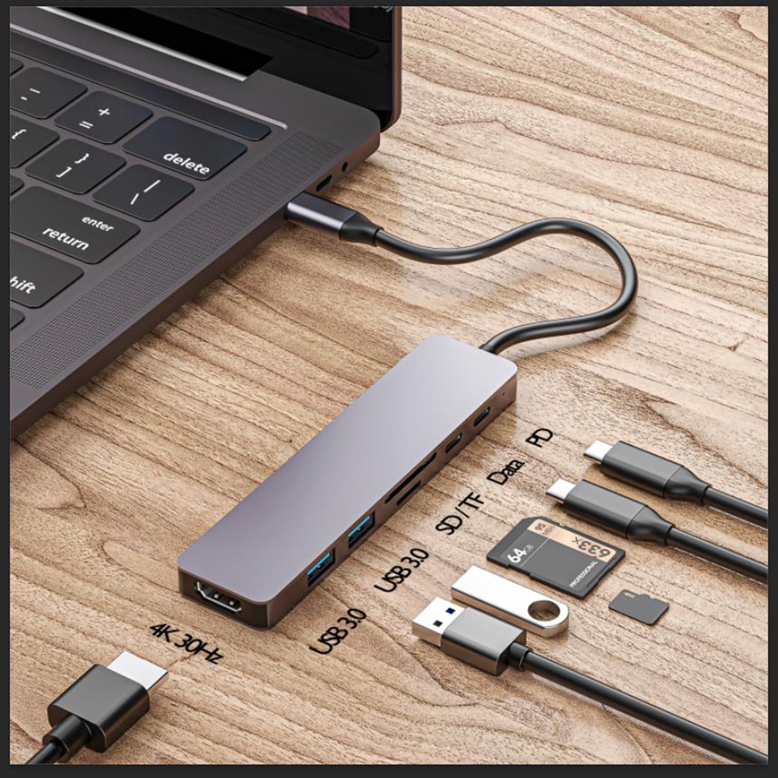 Paopaoldm 7-in-1 Aluminum USB C Hub with USB 3.0 Ports, SD/TF Card Reader, 100W PD Charging - Compact Multi-Port Adapter for MacBook Pro/Air, iPad Pro, Dell XPS - Perfect for Home Office, Travel & Gaming
