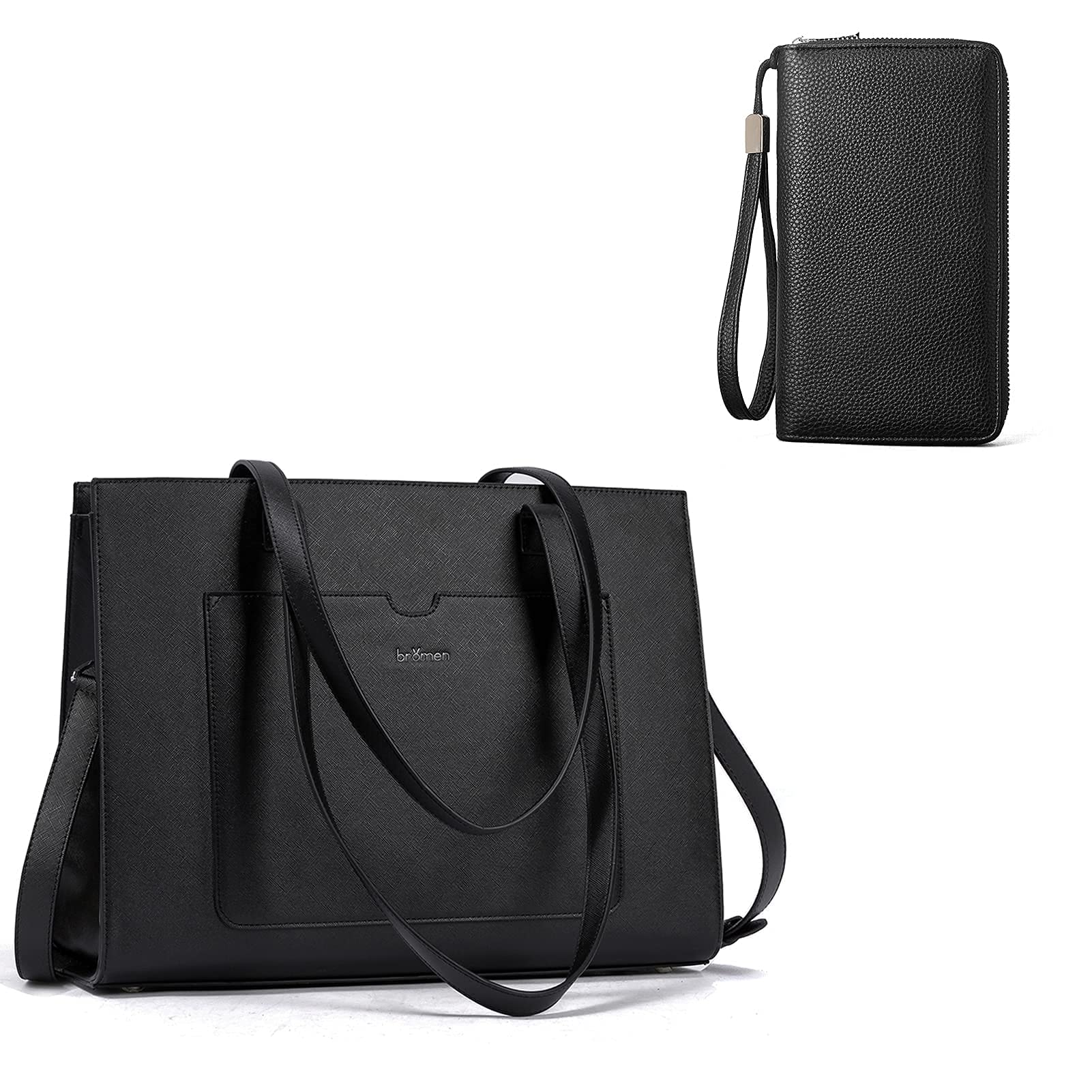 BROMEN 15.6 Inch Laptop Tote Bag for Women with Matching Wallet Set - Professional Black Leather Briefcase & Purse Bundle - Perfect for Office, Business Travel and Work Commute